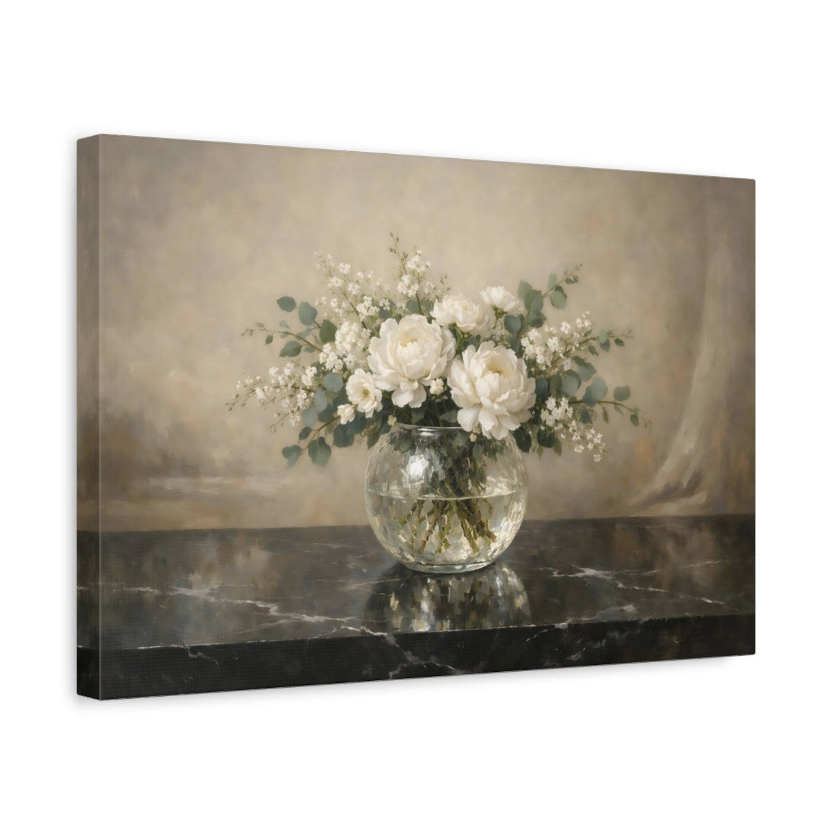 Side Mockup 4. Floral White Peonies White Peony Flowers shown as stretched canvas wall art
