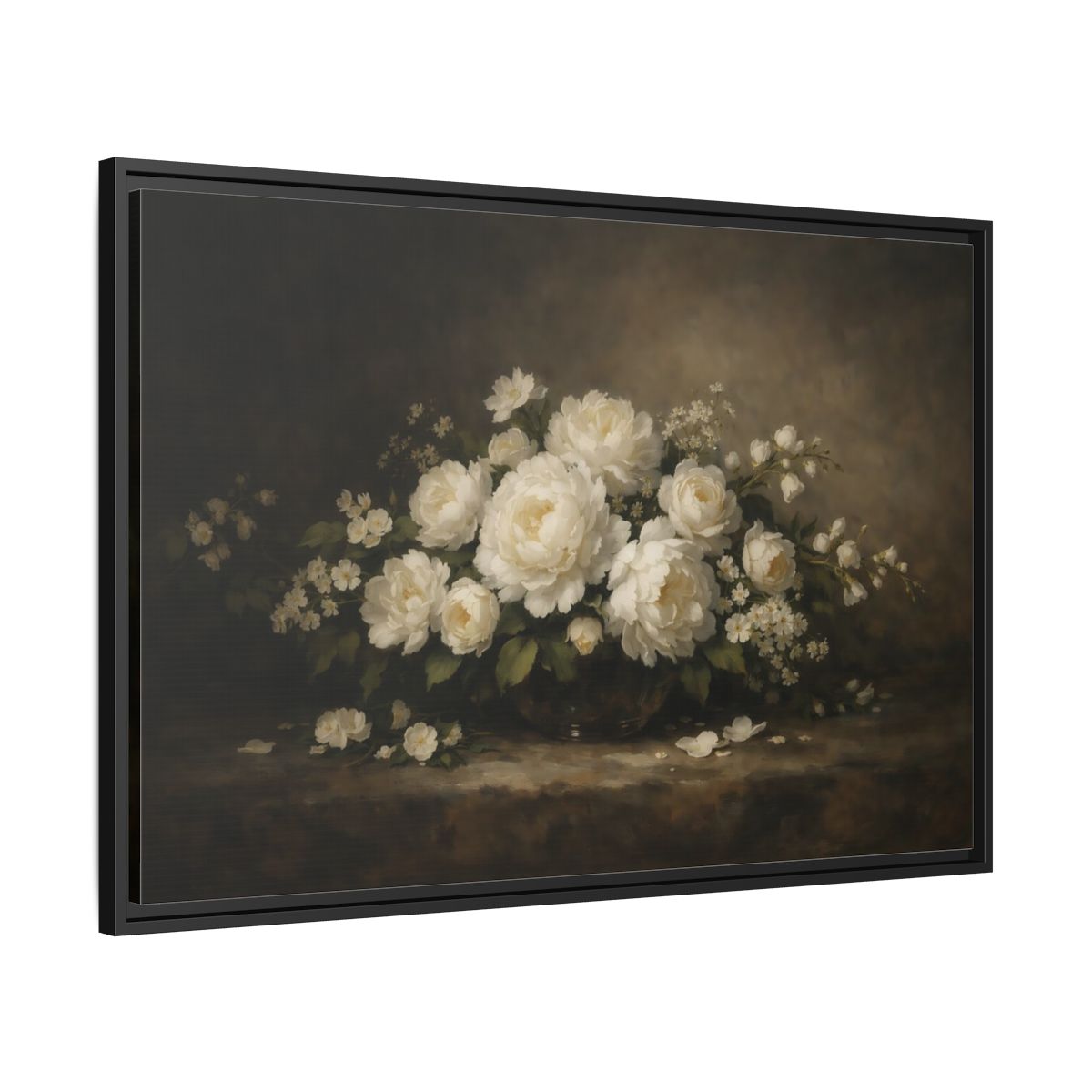 Side Mockup 13. Floral White Peonies White Floral shown as stretched canvas wall art