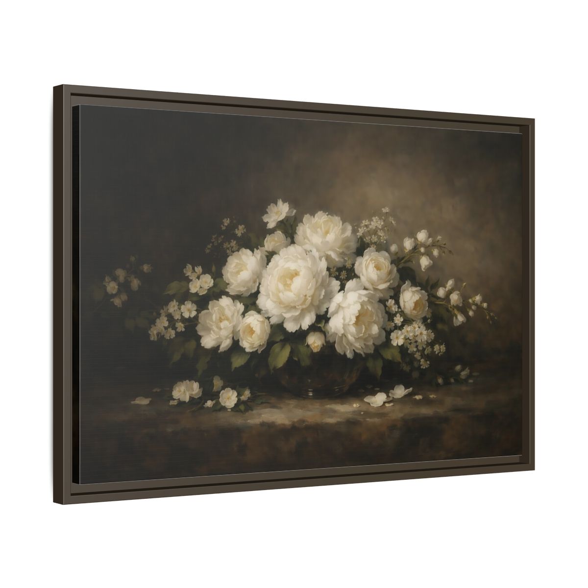 Side Mockup 11. Floral White Peonies White Floral shown as stretched canvas wall art
