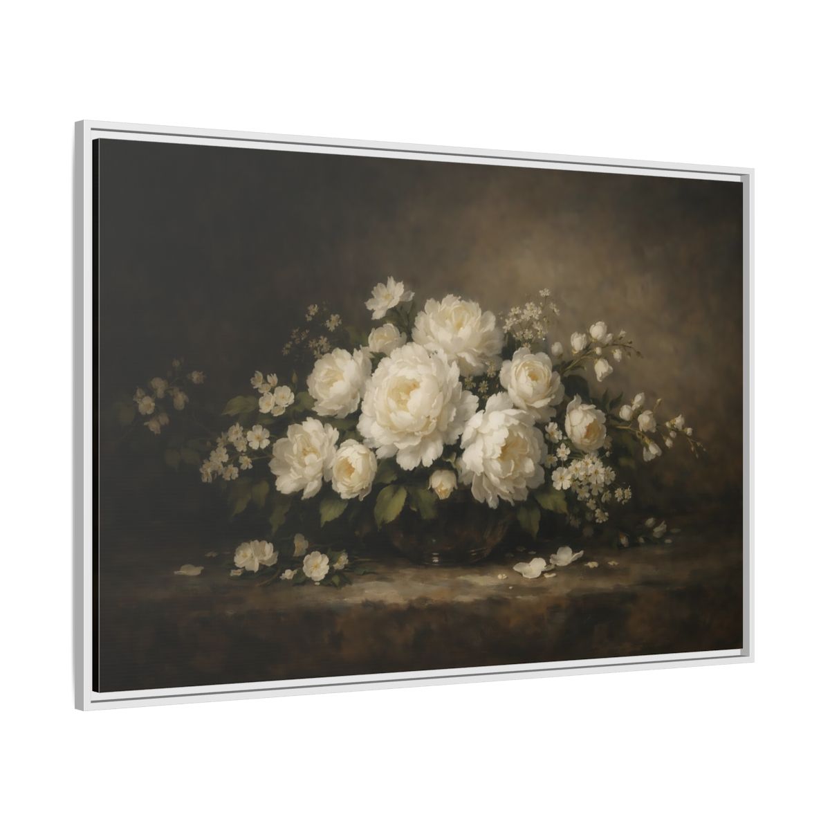 Side Mockup 7. Floral White Peonies White Floral shown as stretched canvas wall art
