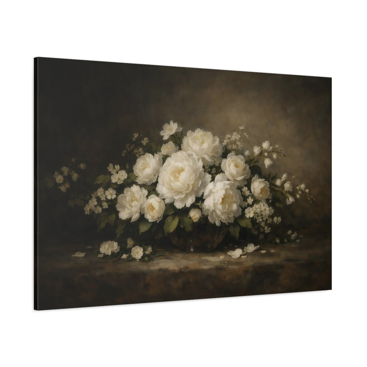 Main Mockup. Floral White Peonies White Floral shown as stretched canvas wall art