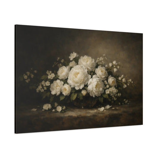 Main Mockup. Floral White Peonies White Floral shown as stretched canvas wall art