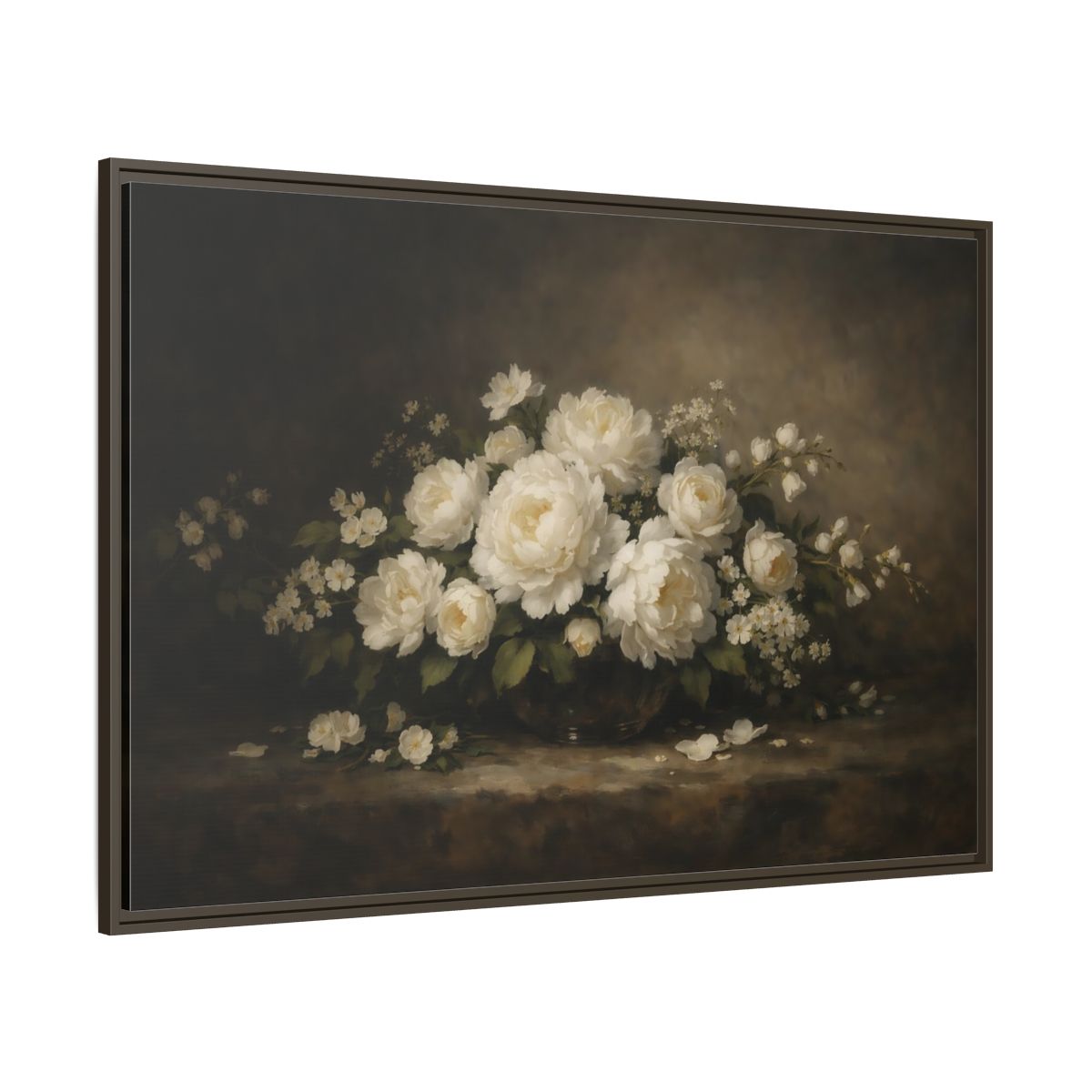 Main Mockup. Floral White Peonies White Floral shown as stretched canvas wall art