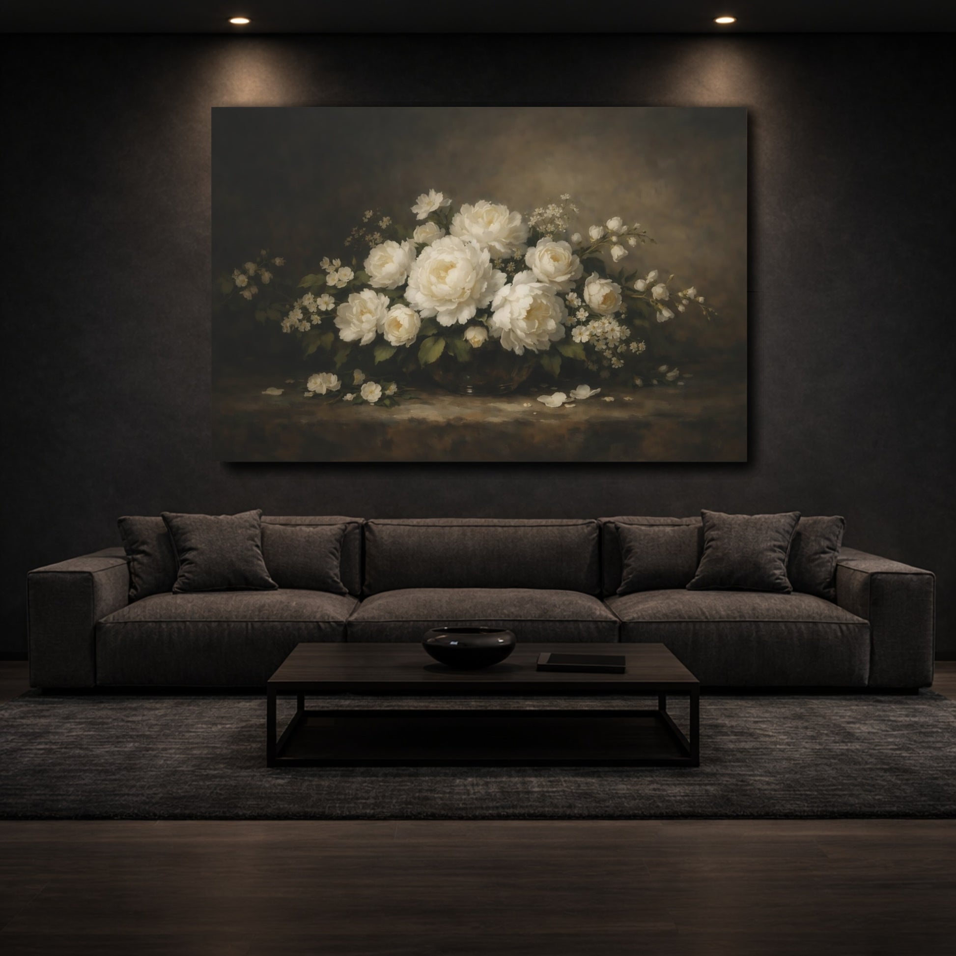 Mockup 2. Floral White Peonies White Floral shown as stretched canvas wall art