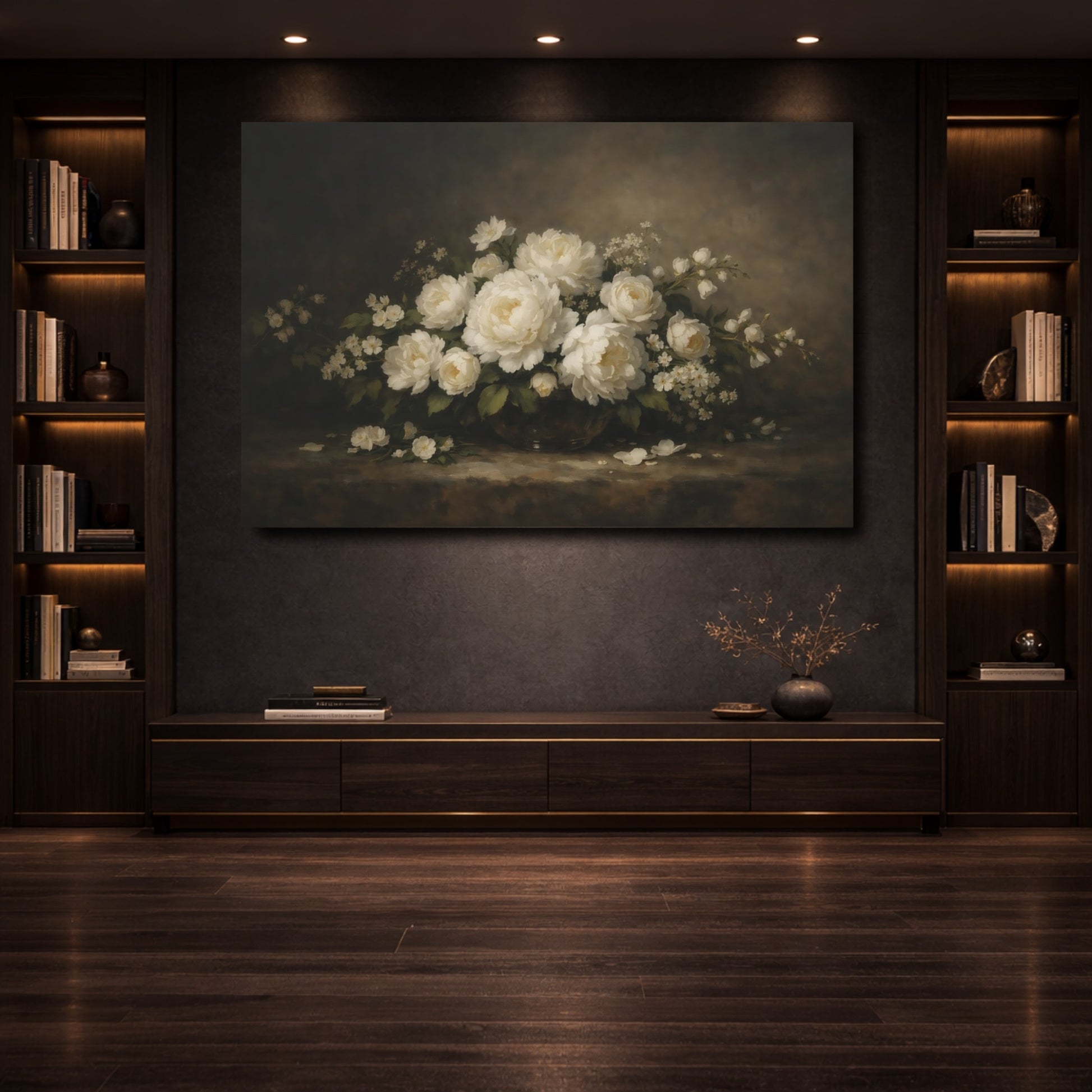 Mockup 3. Floral White Peonies White Floral shown as stretched canvas wall art