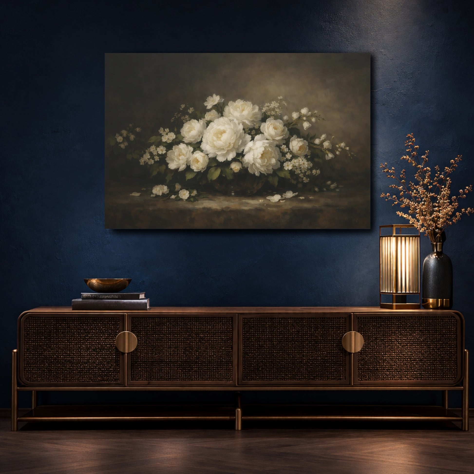 Mockup 4. Floral White Peonies White Floral shown as stretched canvas wall art