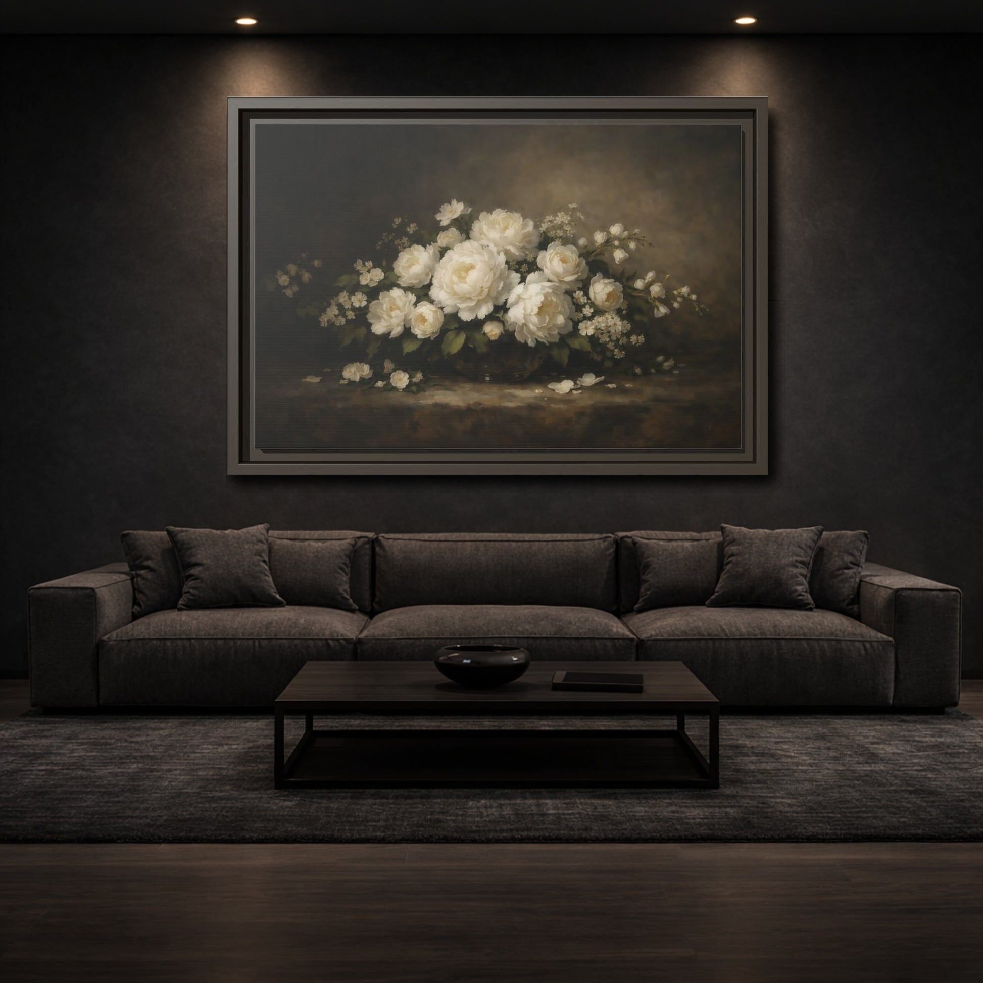 Mockup 2. Floral White Peonies White Peonies Dark Background shown as stretched canvas wall art