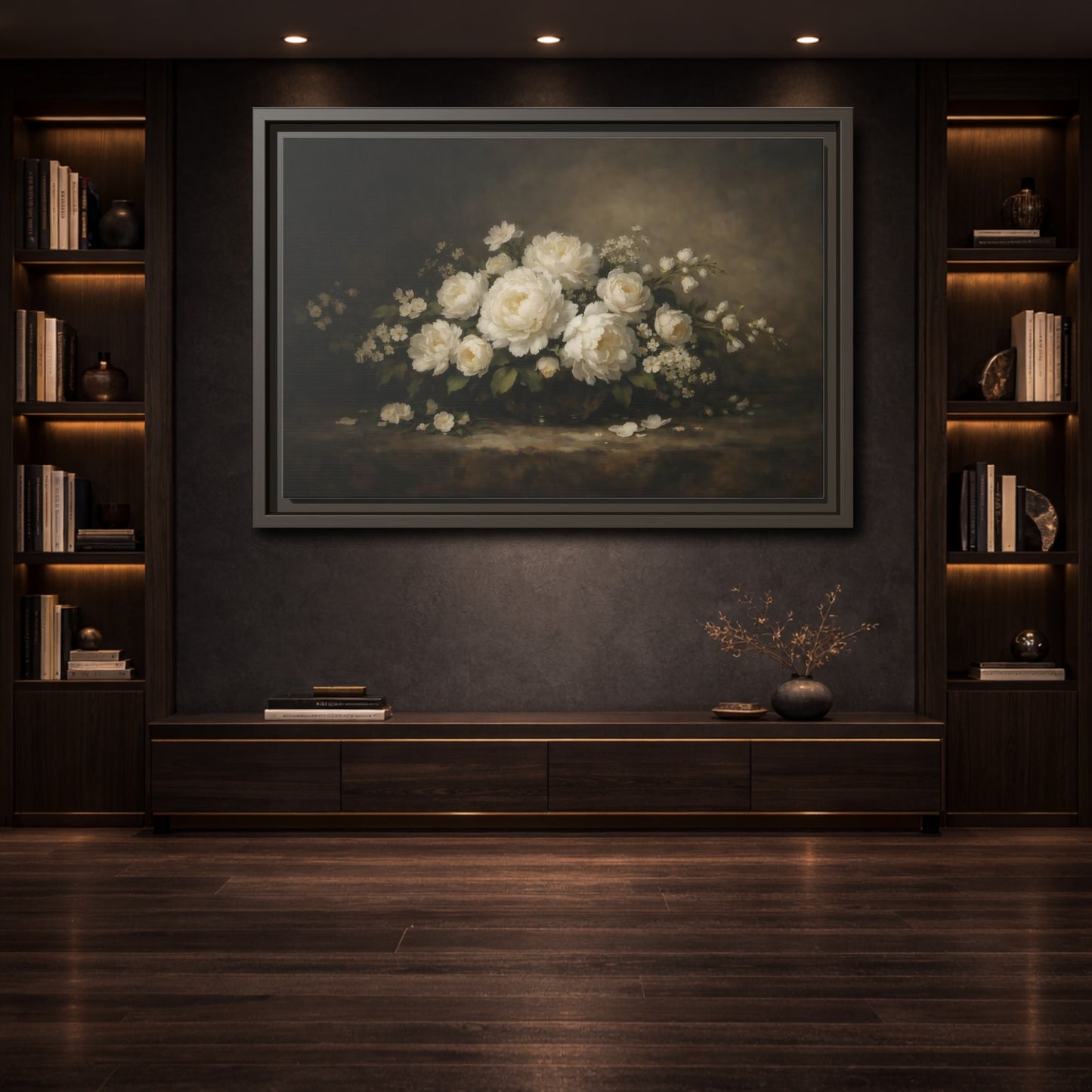 Mockup 3. Floral White Peonies White Peonies Dark Background shown as stretched canvas wall art