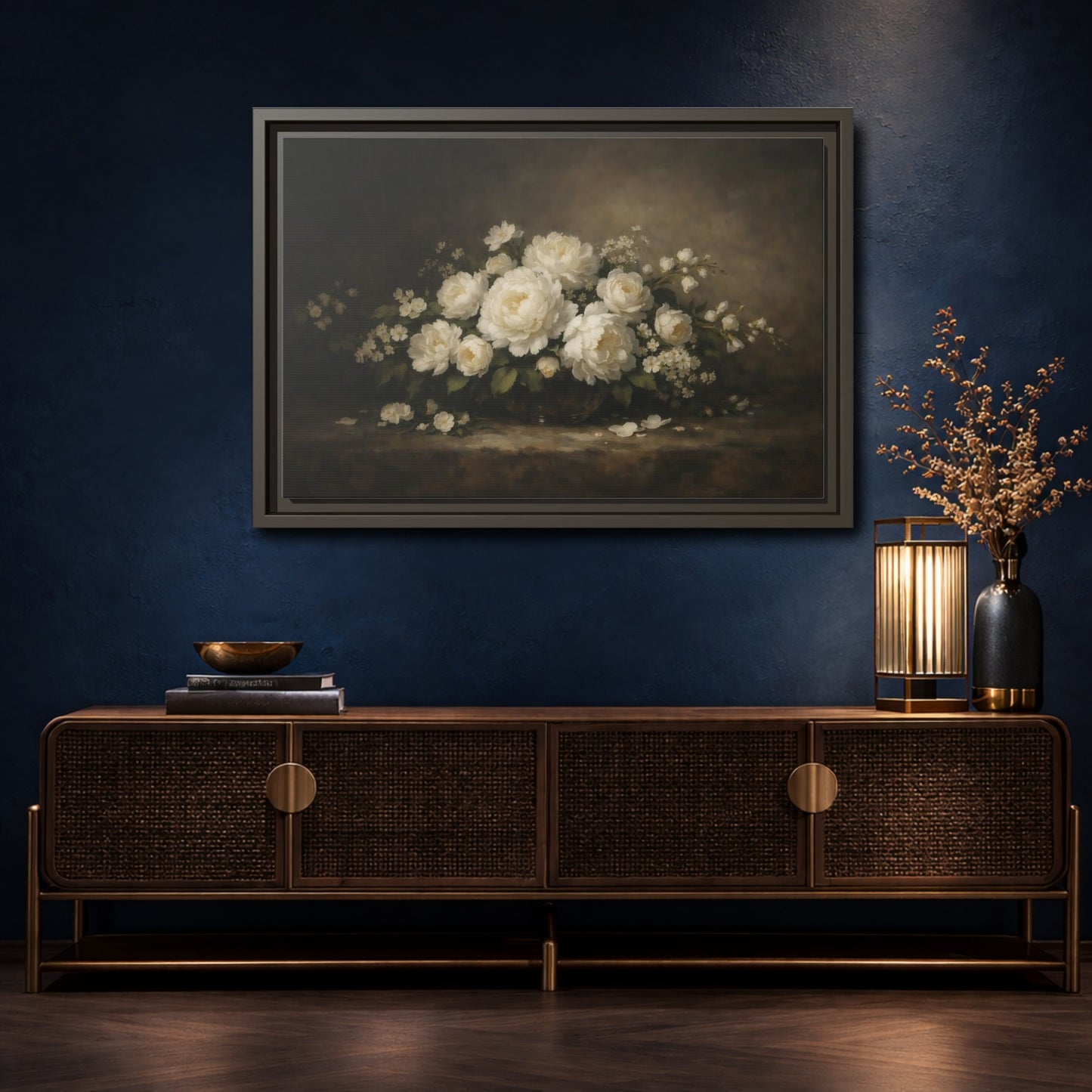 Mockup 4. Floral White Peonies White Peonies Dark Background shown as stretched canvas wall art