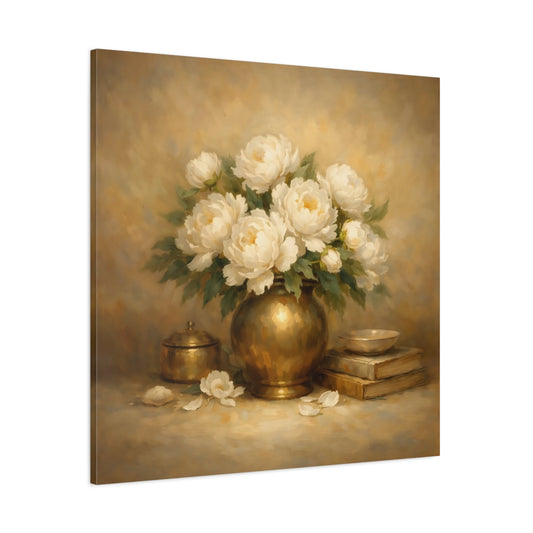 Main Mockup. Floral White Peonies White Peonies Gold shown as stretched canvas wall art
