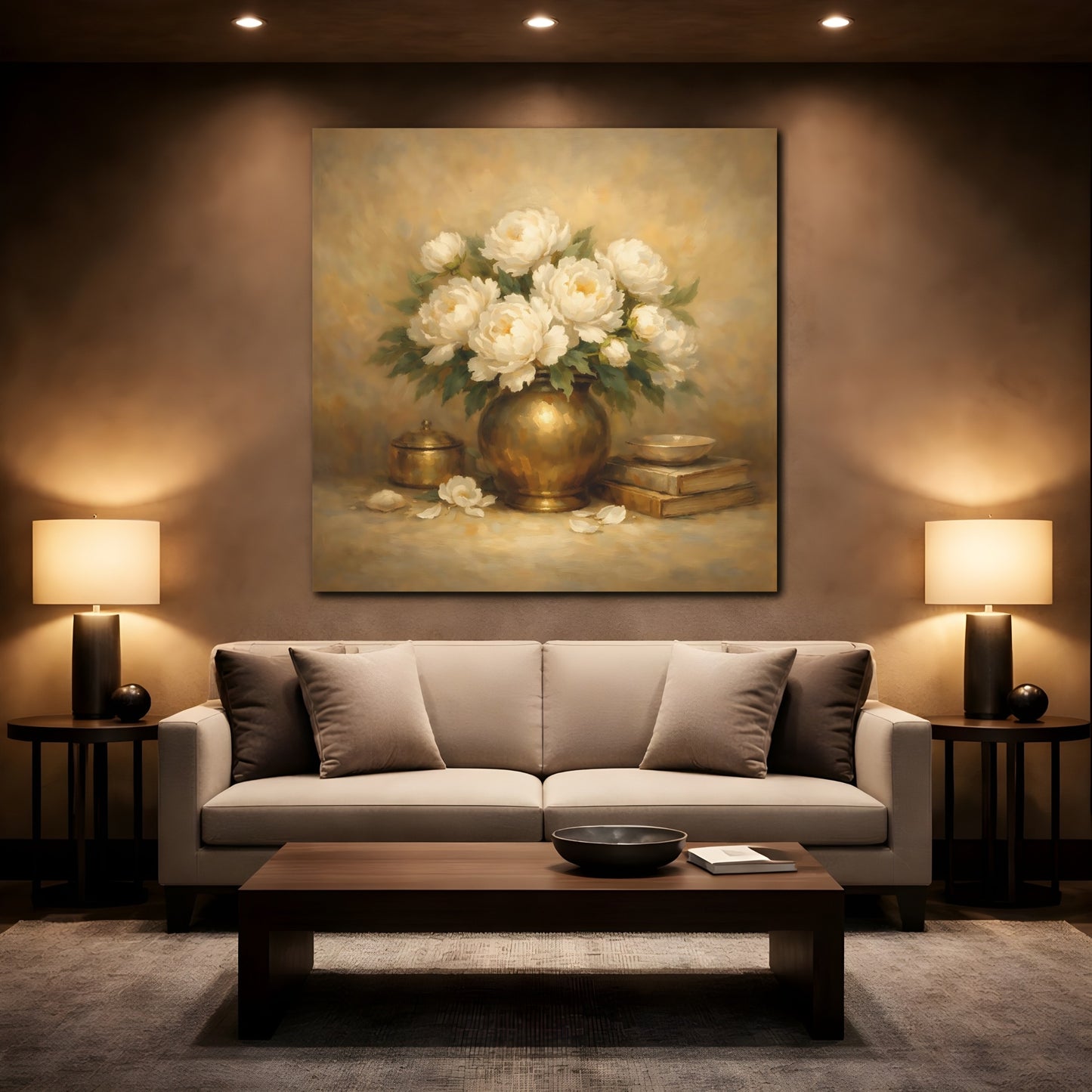 Mockup 2. Floral White Peonies White Peonies Gold shown as stretched canvas wall art