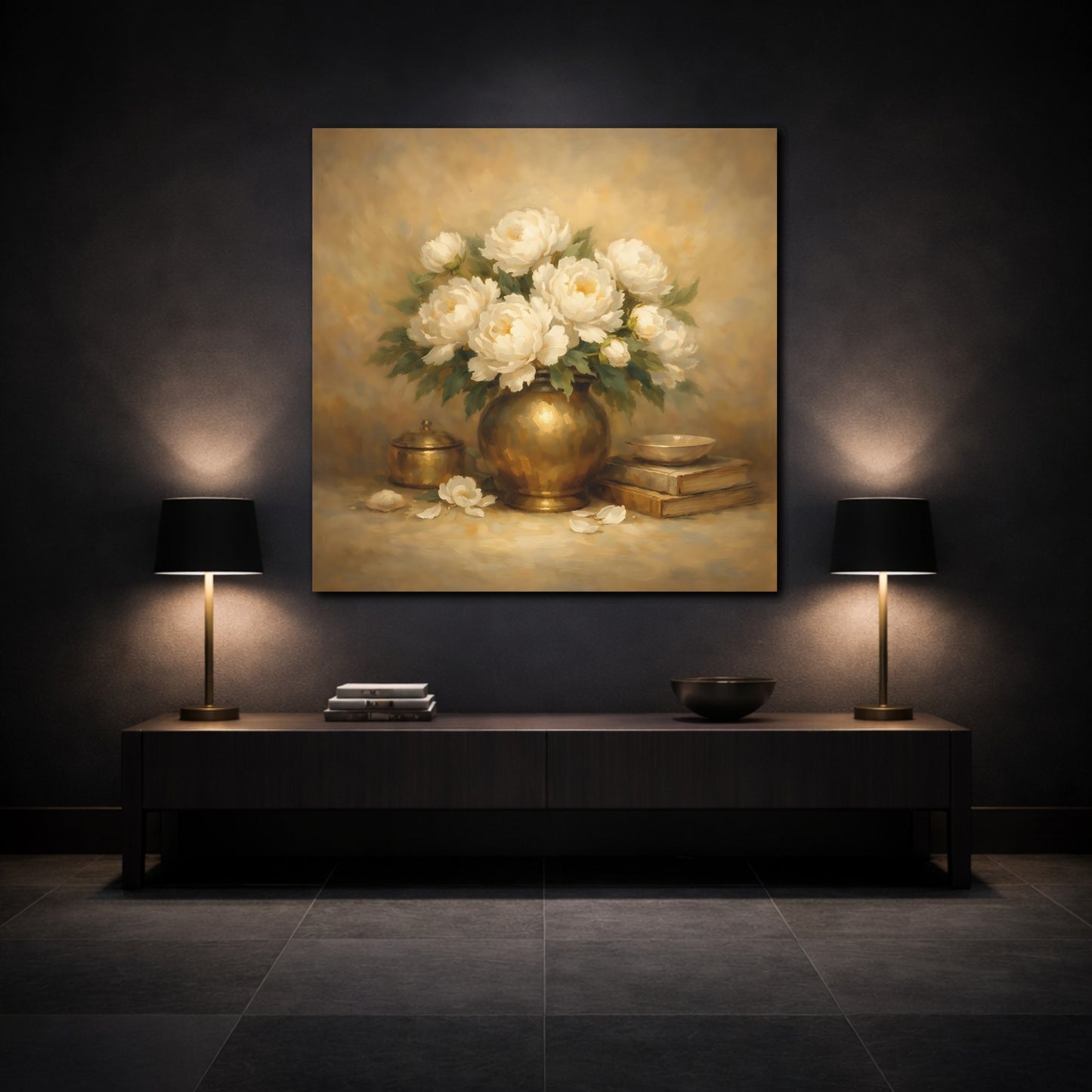Mockup 3. Floral White Peonies White Peonies Gold shown as stretched canvas wall art