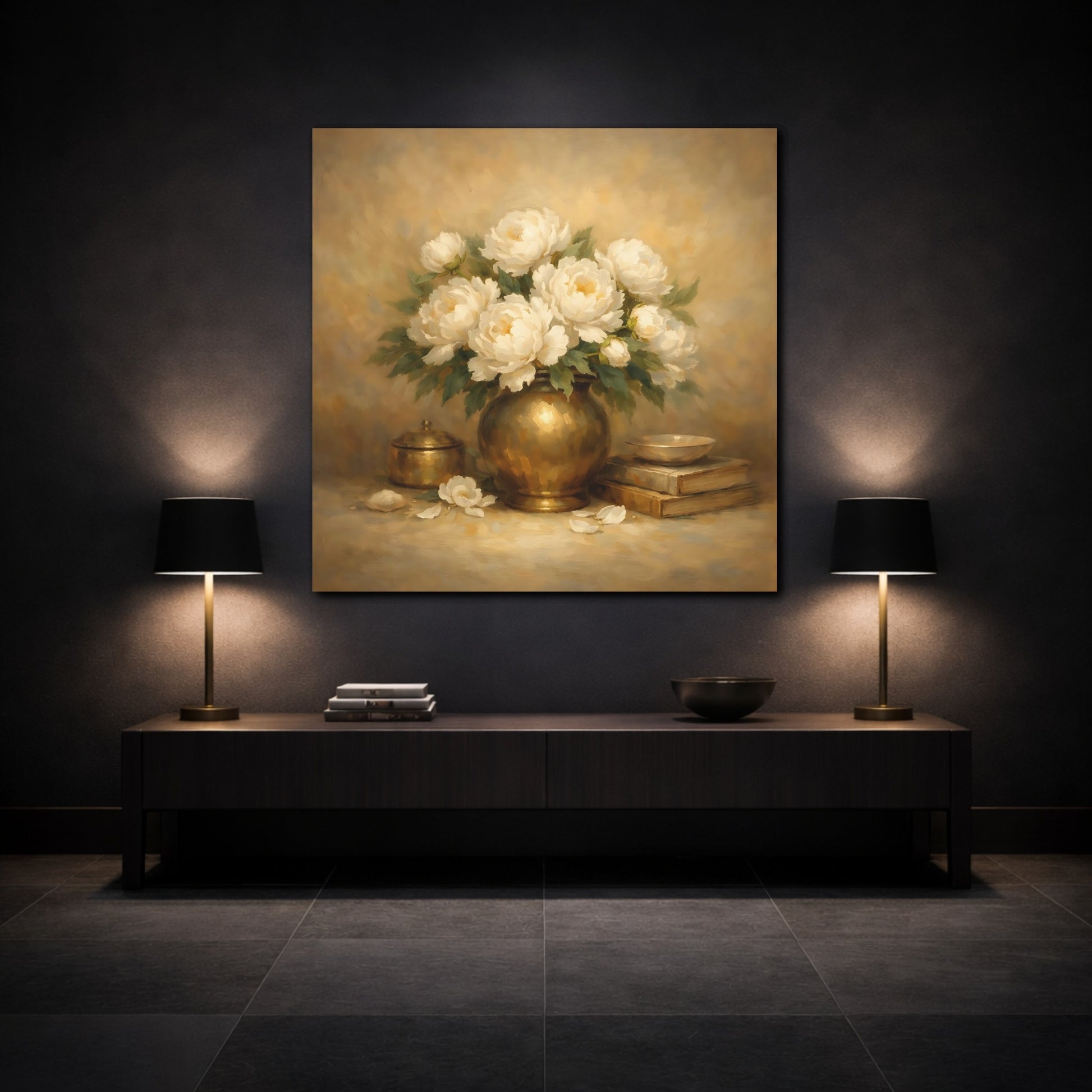 Mockup 3. Floral White Peonies White Peonies Gold shown as stretched canvas wall art
