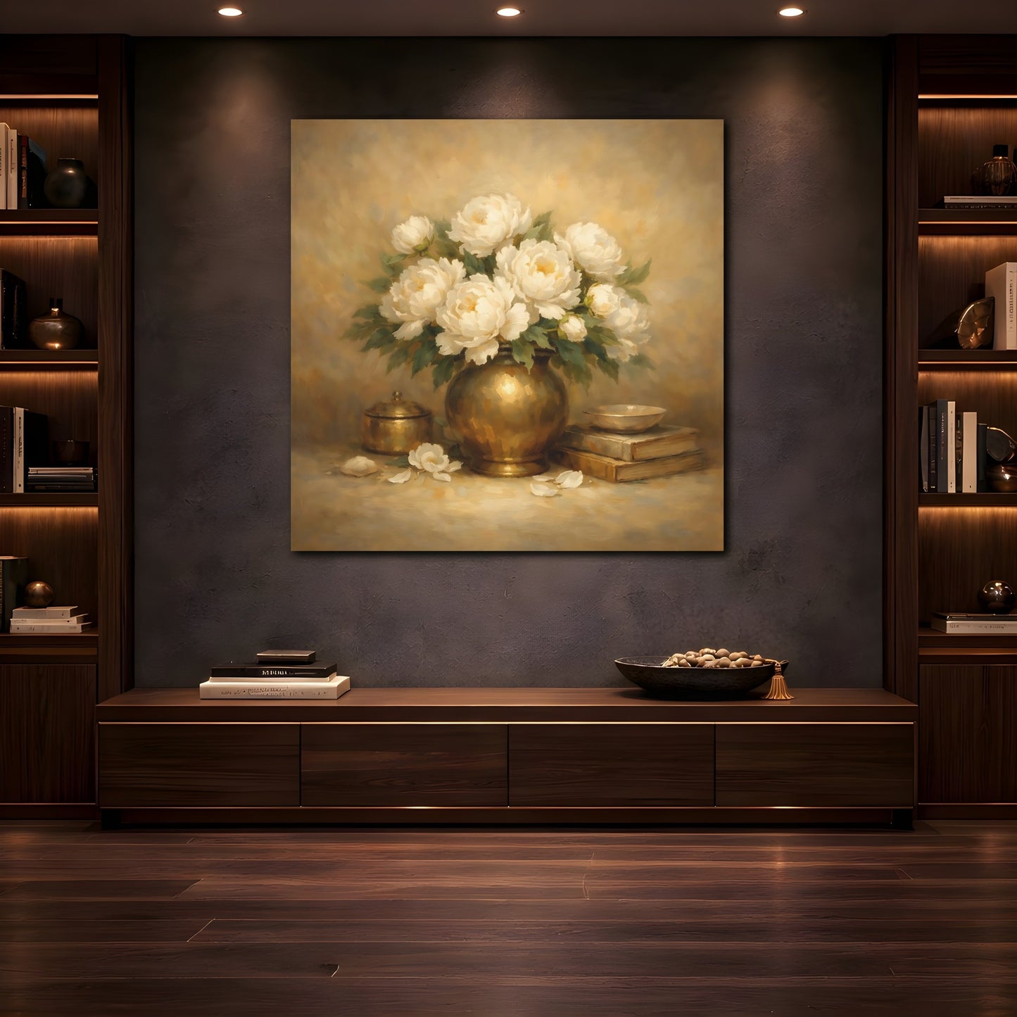 Mockup 4. Floral White Peonies White Peonies Gold shown as stretched canvas wall art