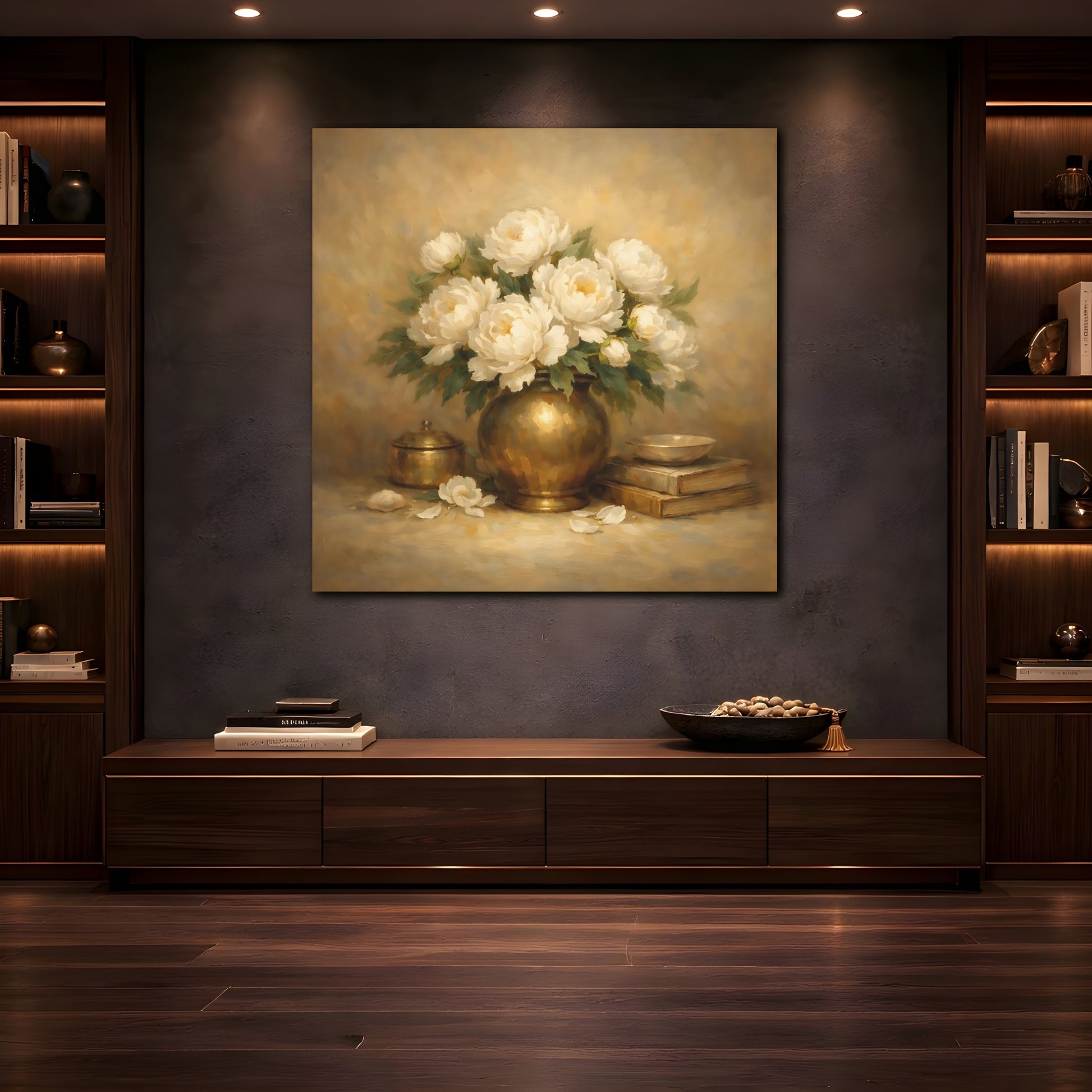 Mockup 4. Floral White Peonies White Peonies Gold shown as stretched canvas wall art