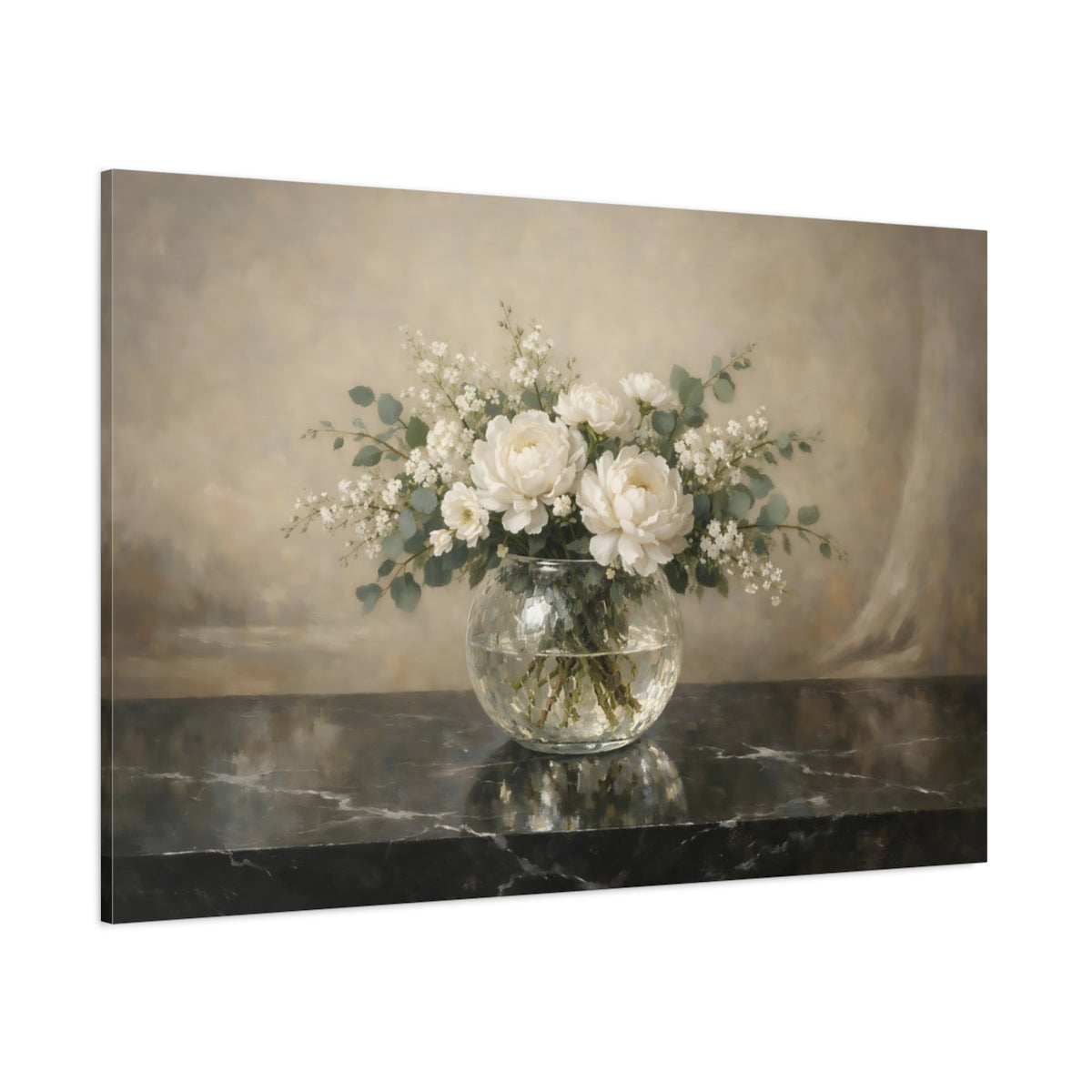 Main Mockup. Floral White Peonies White Peony Flowers shown as stretched canvas wall art