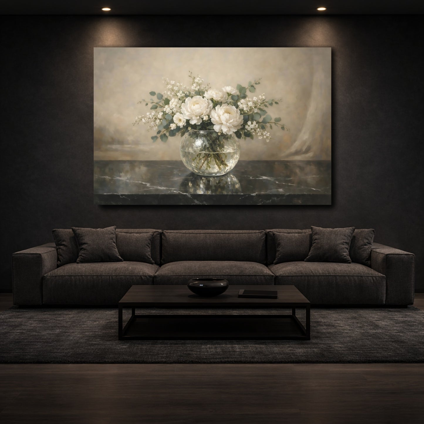 Mockup 2. Floral White Peonies White Peony Flowers shown as stretched canvas wall art