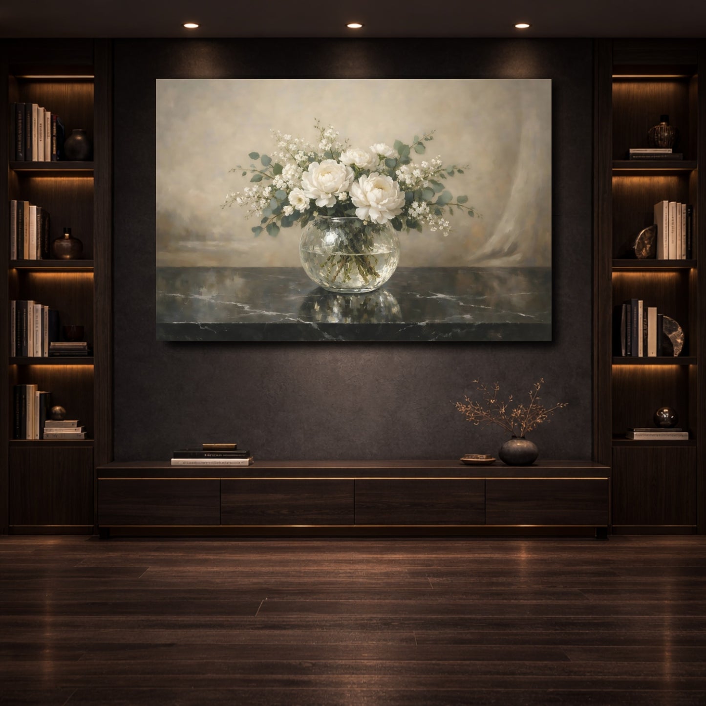 Mockup 3. Floral White Peonies White Peony Flowers shown as stretched canvas wall art