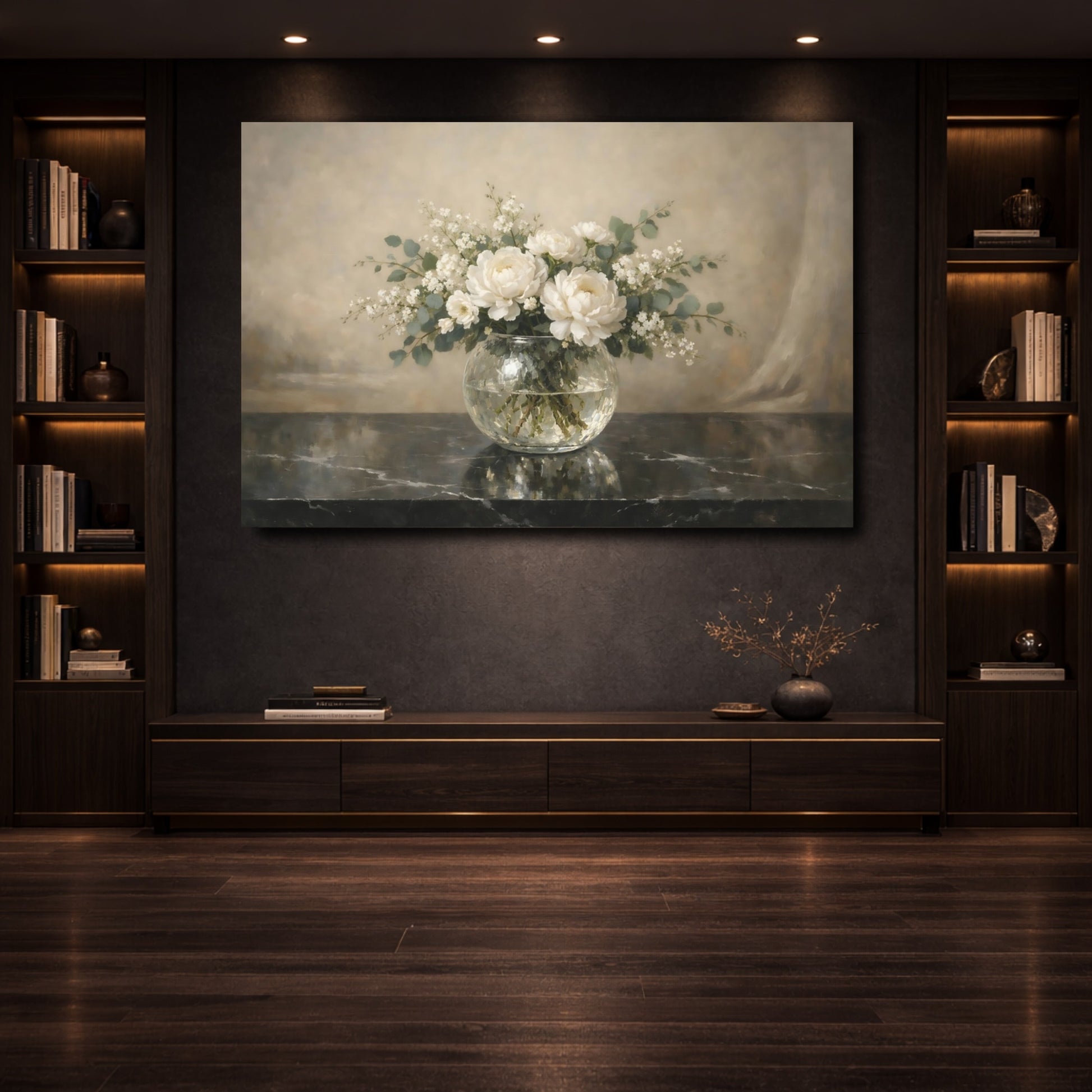 Mockup 3. Floral White Peonies White Peony Flowers shown as stretched canvas wall art