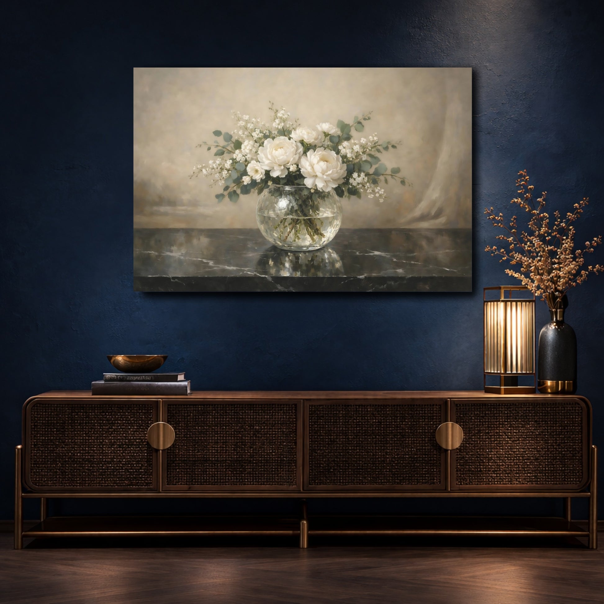 Mockup 4. Floral White Peonies White Peony Flowers shown as stretched canvas wall art