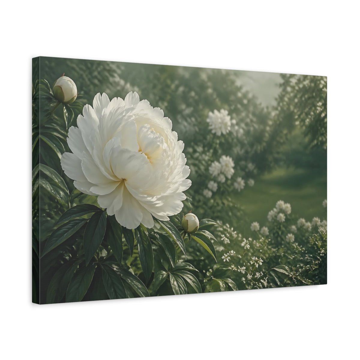 Side Mockup 3. Floral White Peony White And Green shown as stretched canvas wall art