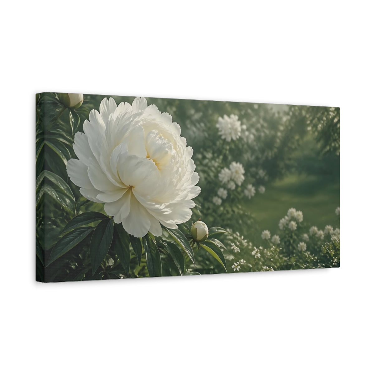 Side Mockup 3. Floral White Peony White And Green shown as stretched canvas wall art