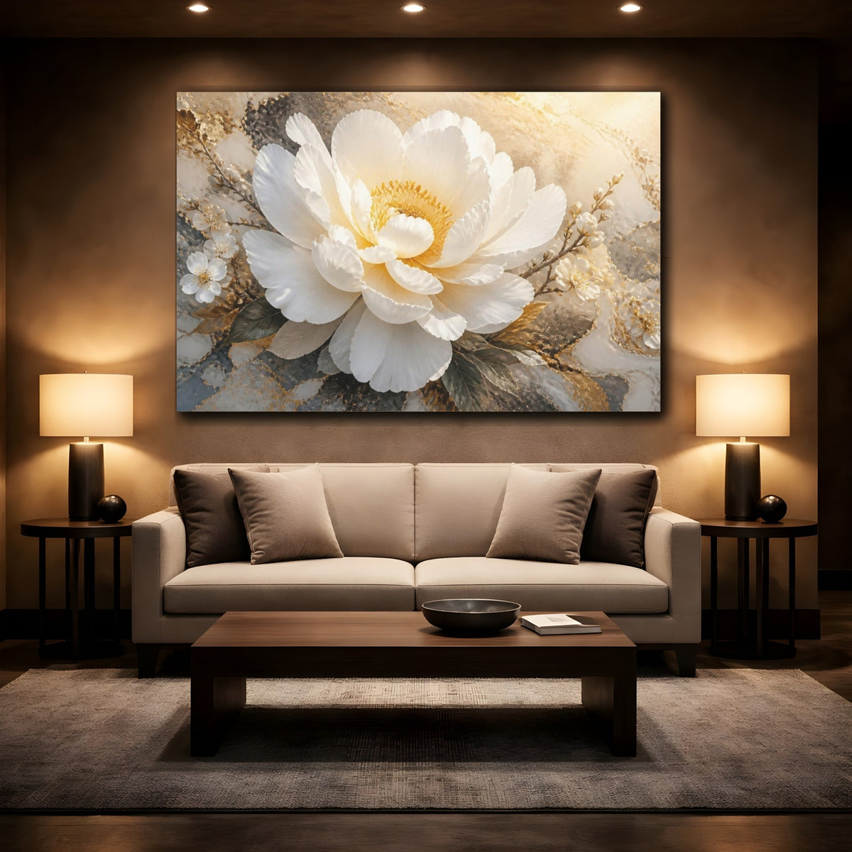 Mockup 2. Floral White Peony Elegance shown as canvas print