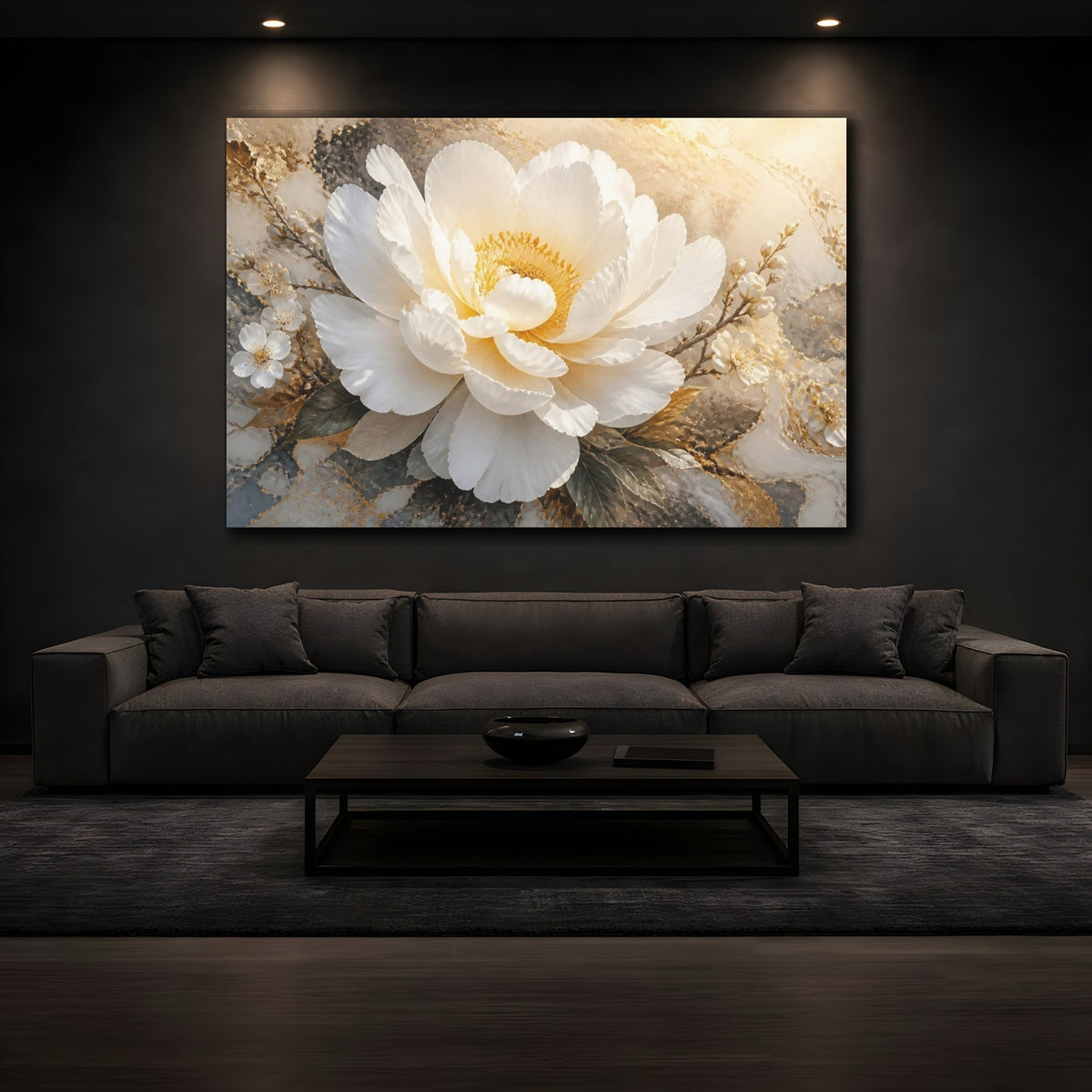 Mockup 3. Floral White Peony Elegance shown as canvas print