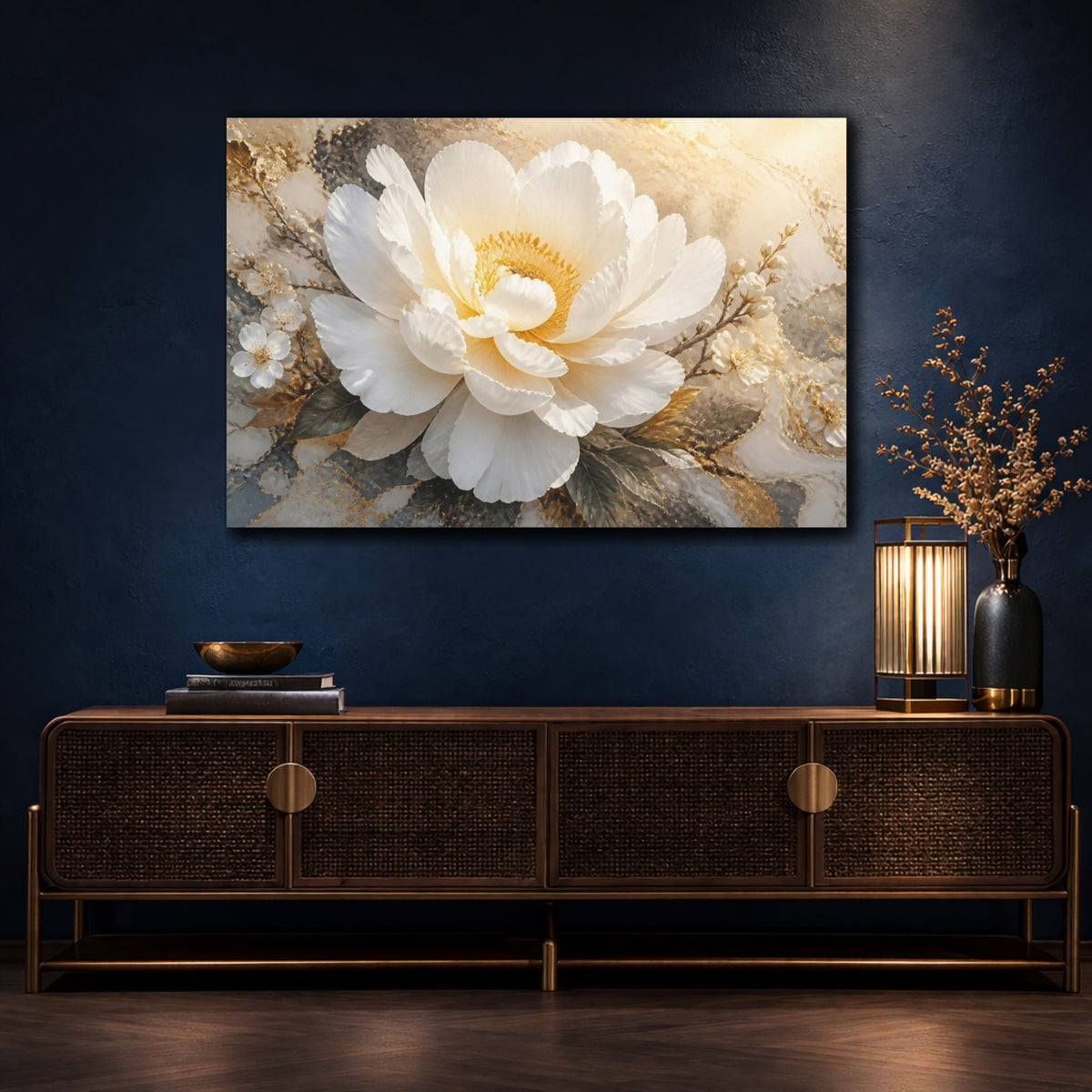 Mockup 4. Floral White Peony Elegance shown as canvas print