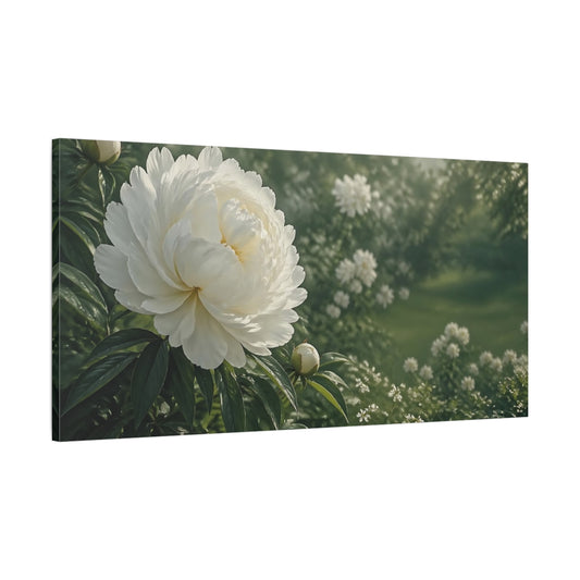 Main Mockup. Floral White Peony White And Green shown as stretched canvas wall art