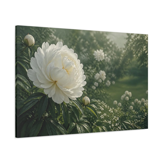 Main Mockup. Floral White Peony White And Green shown as stretched canvas wall art