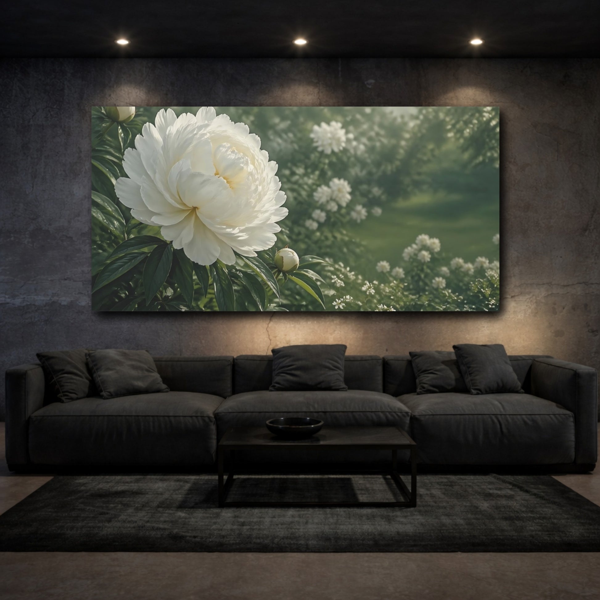 Mockup 2. Floral White Peony White And Green shown as stretched canvas wall art