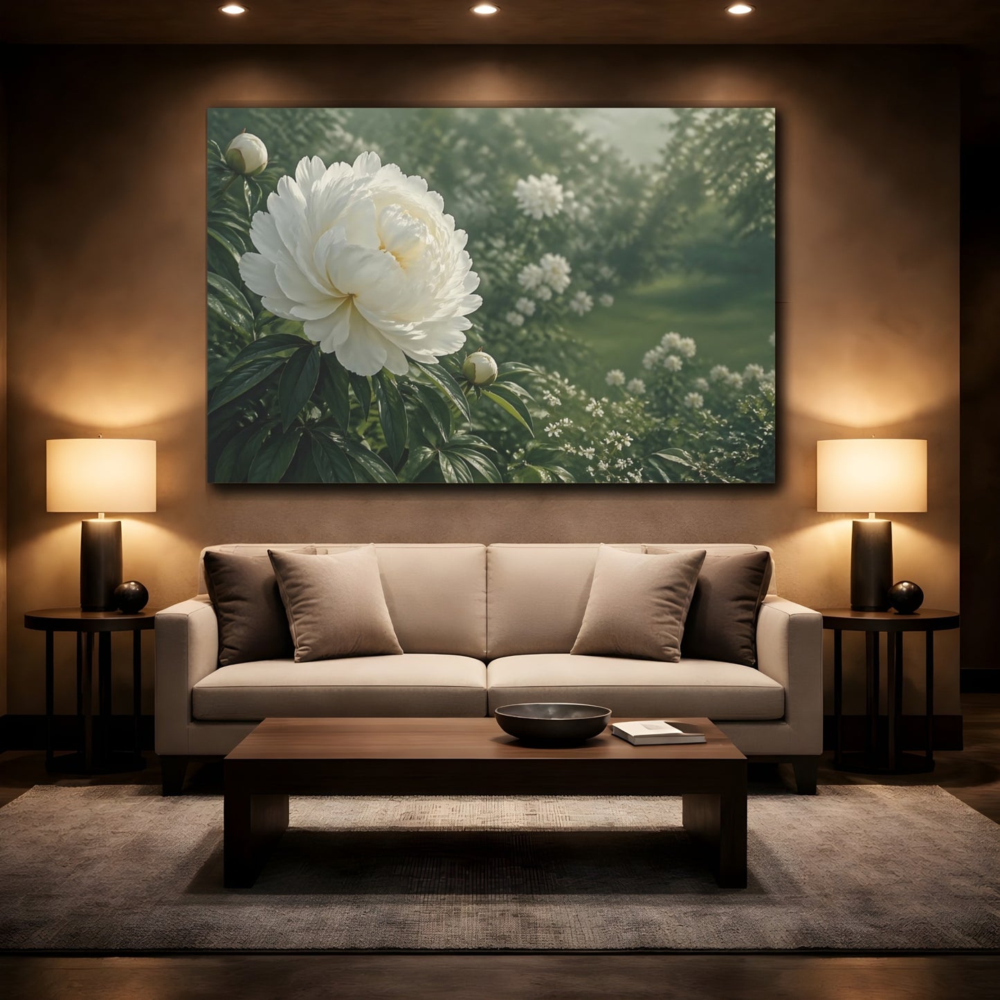 Mockup 2. Floral White Peony White And Green shown as stretched canvas wall art