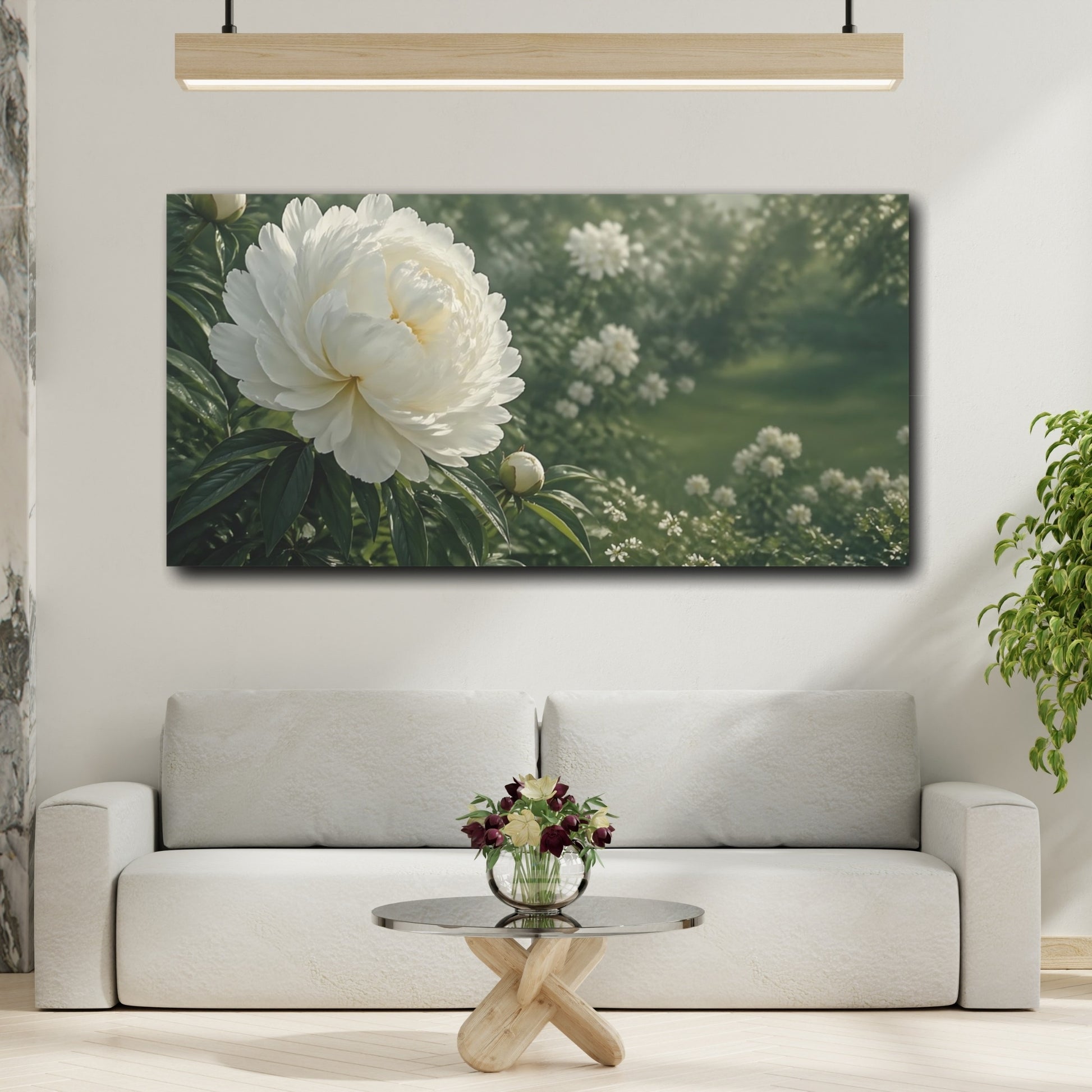 Mockup 3. Floral White Peony White And Green shown as stretched canvas wall art