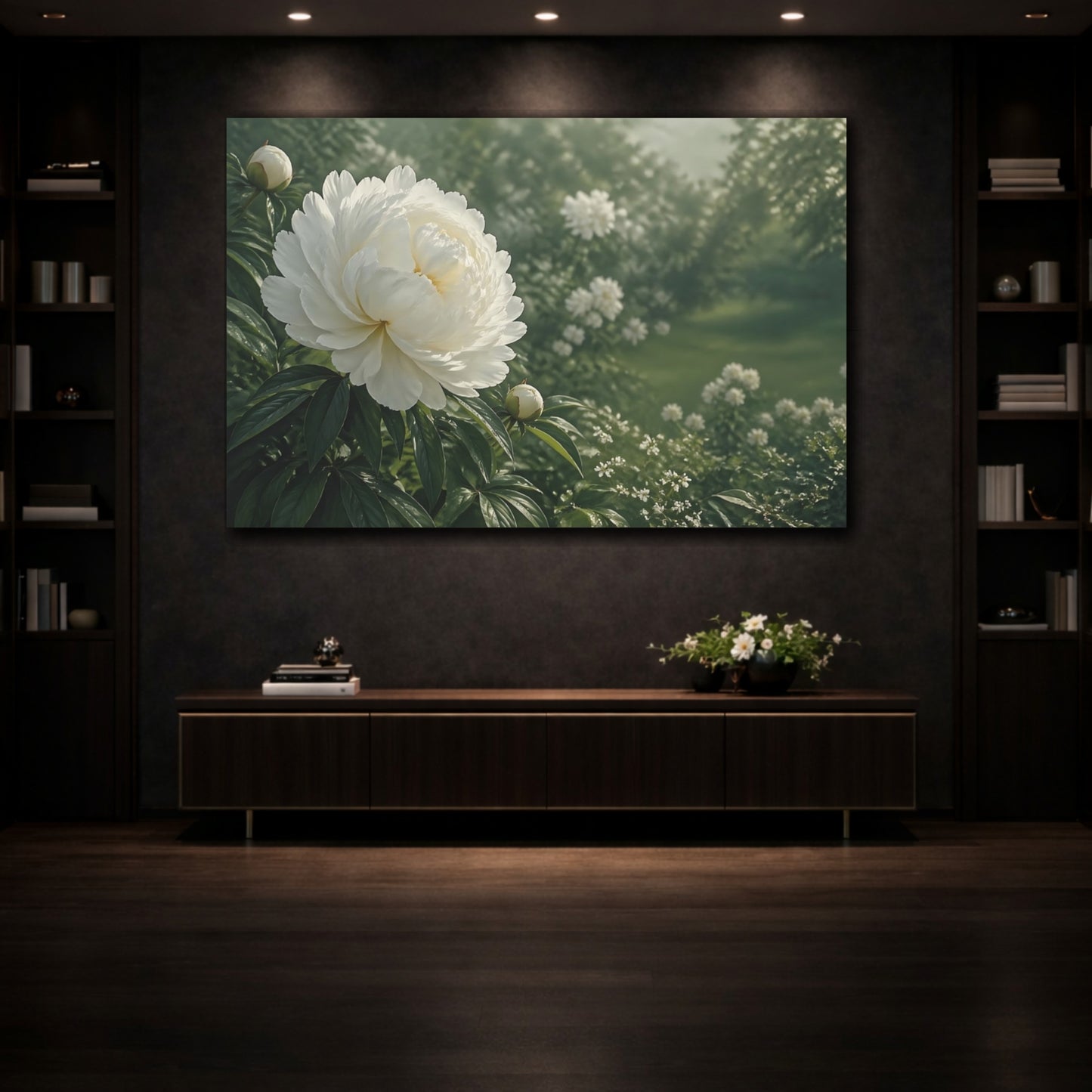 Mockup 3. Floral White Peony White And Green shown as stretched canvas wall art