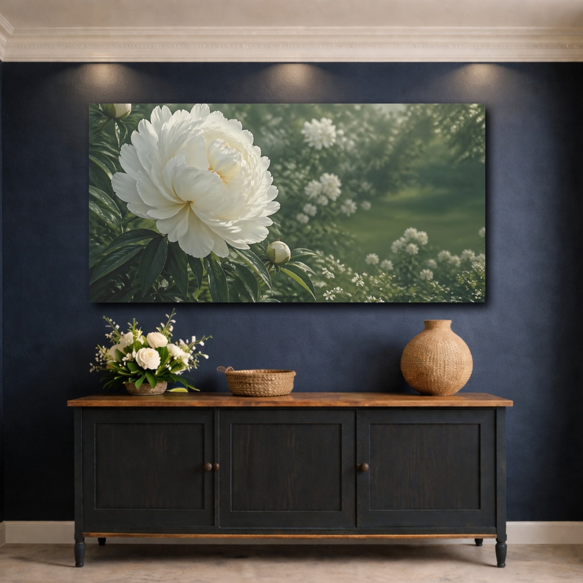 Mockup 4. Floral White Peony White And Green shown as stretched canvas wall art
