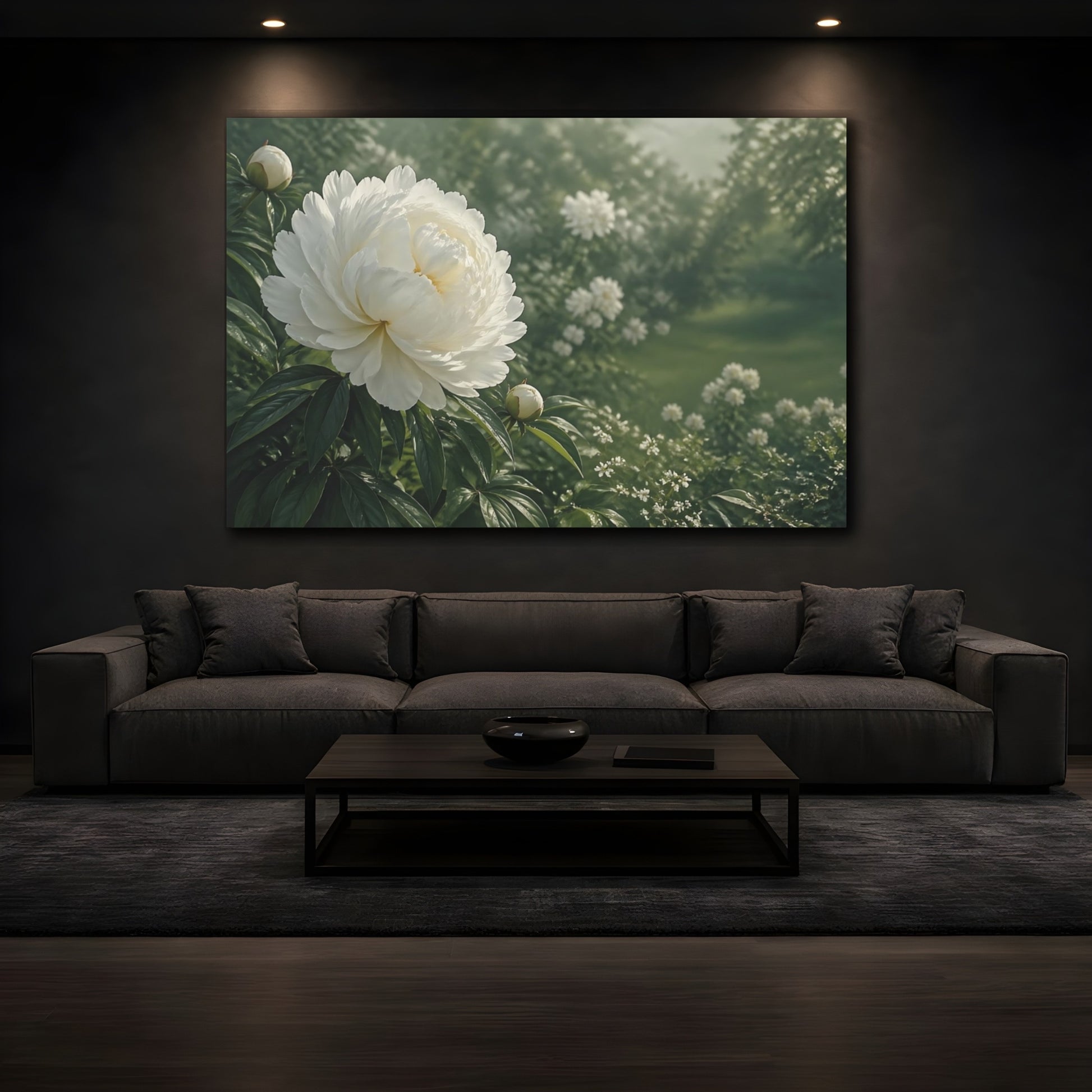 Mockup 4. Floral White Peony White And Green shown as stretched canvas wall art