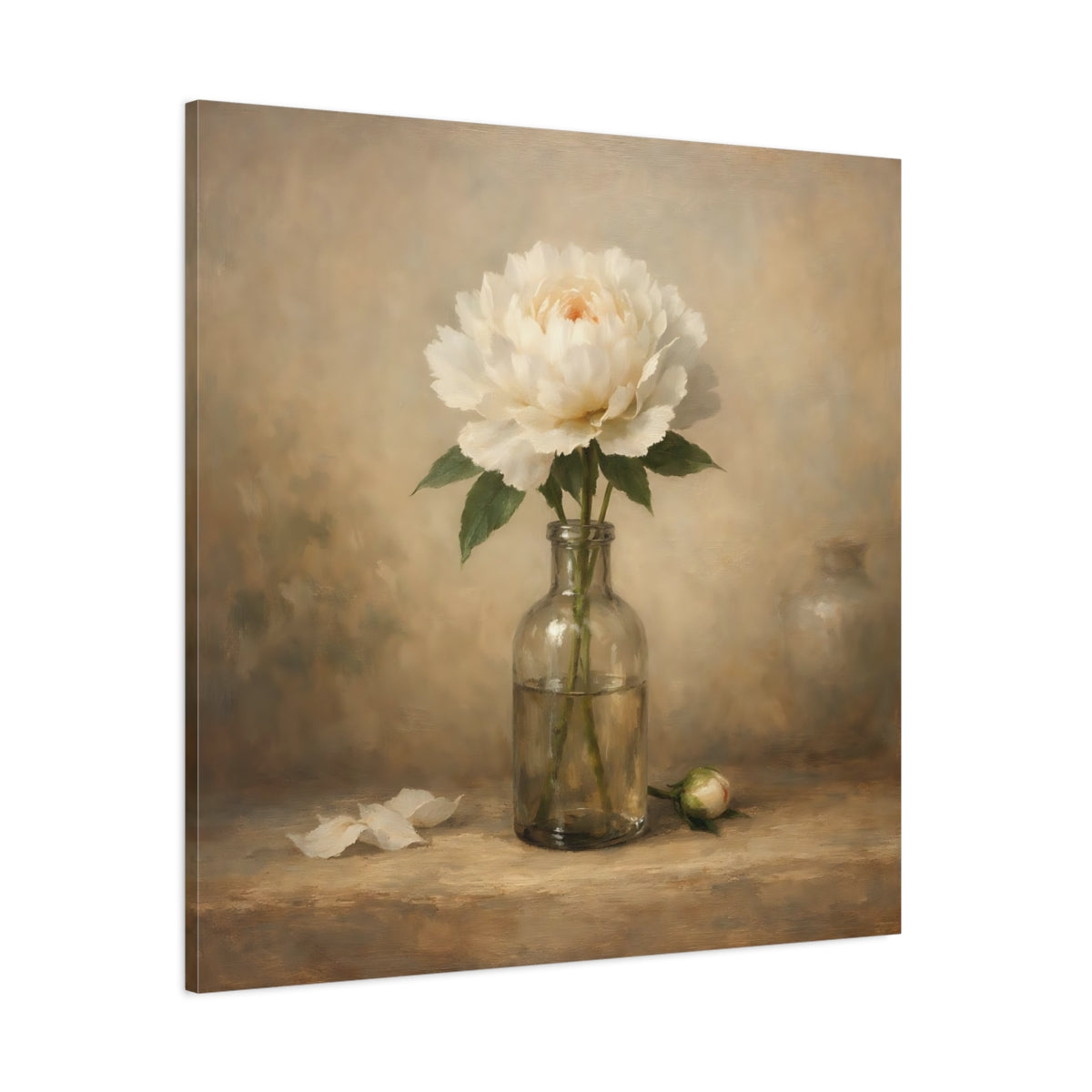 Main Mockup. Floral White Peony White Peony shown as stretched canvas wall art