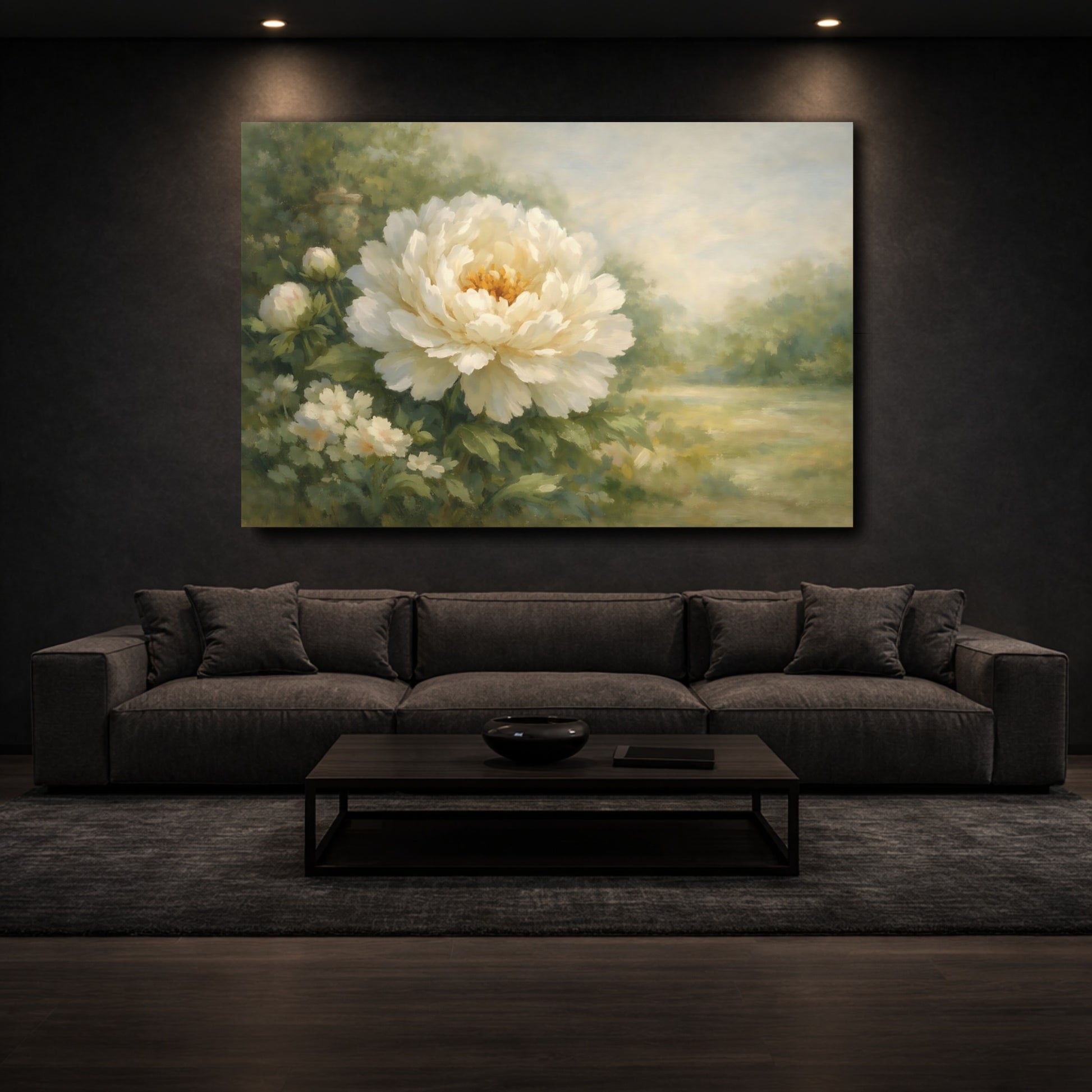 Mockup 2. Floral White Peony White Peony Flower shown as stretched canvas wall art
