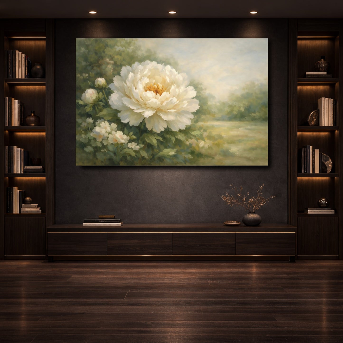 Mockup 3. Floral White Peony White Peony Flower shown as stretched canvas wall art