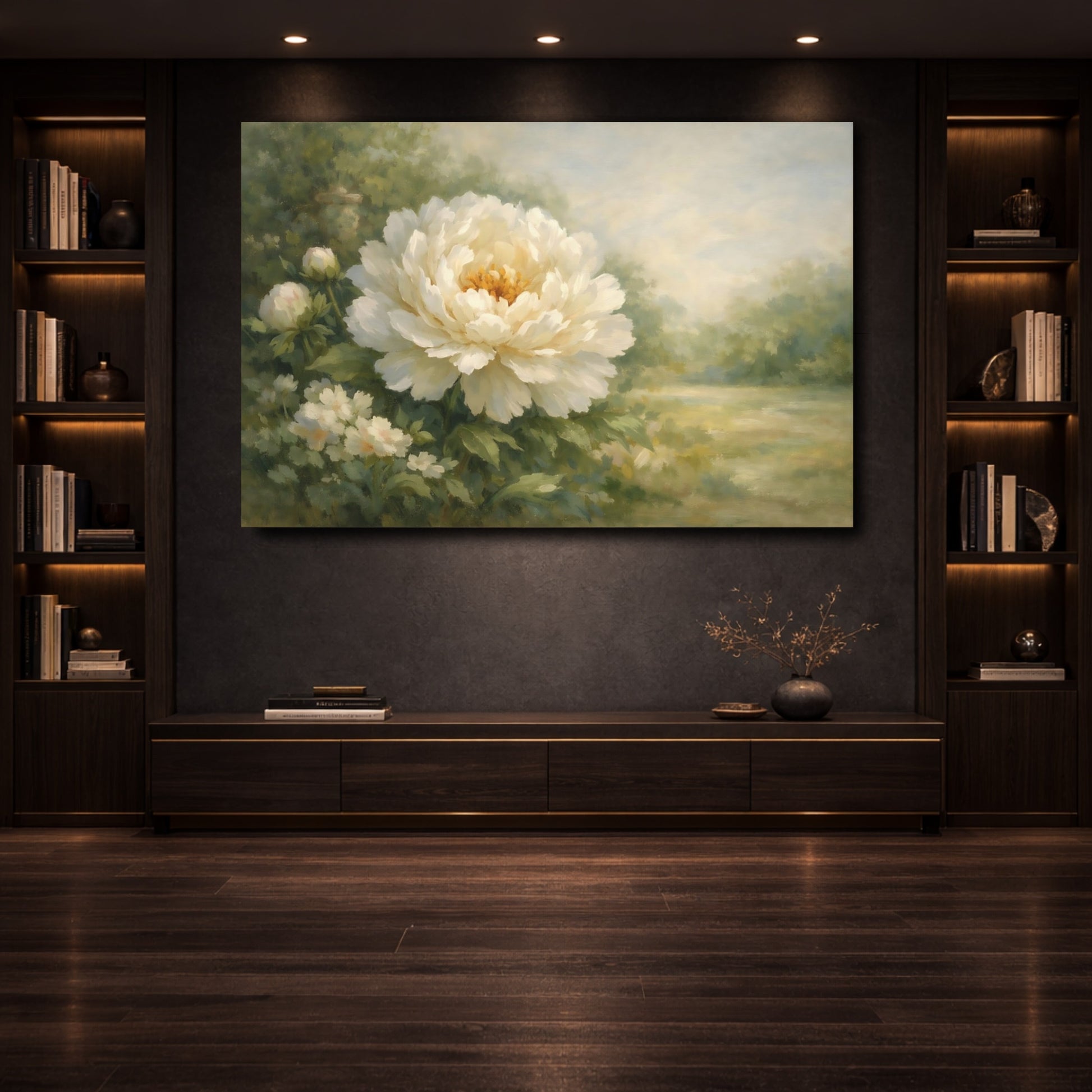 Mockup 3. Floral White Peony White Peony Flower shown as stretched canvas wall art