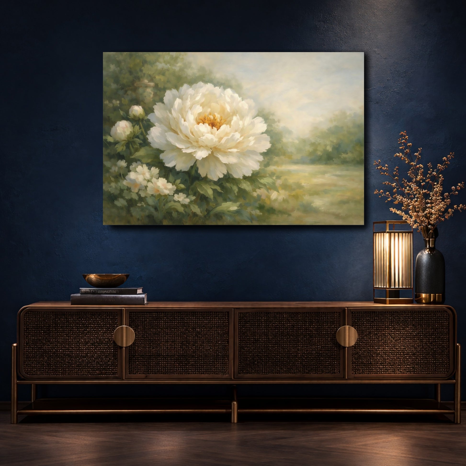 Mockup 4. Floral White Peony White Peony Flower shown as stretched canvas wall art
