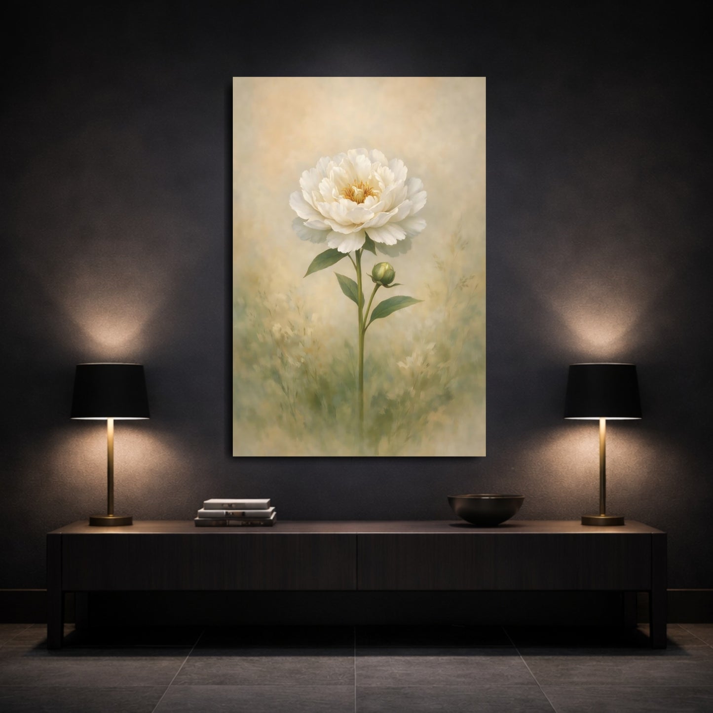 Floral White Peony White Peony shown as front canvas room wall art