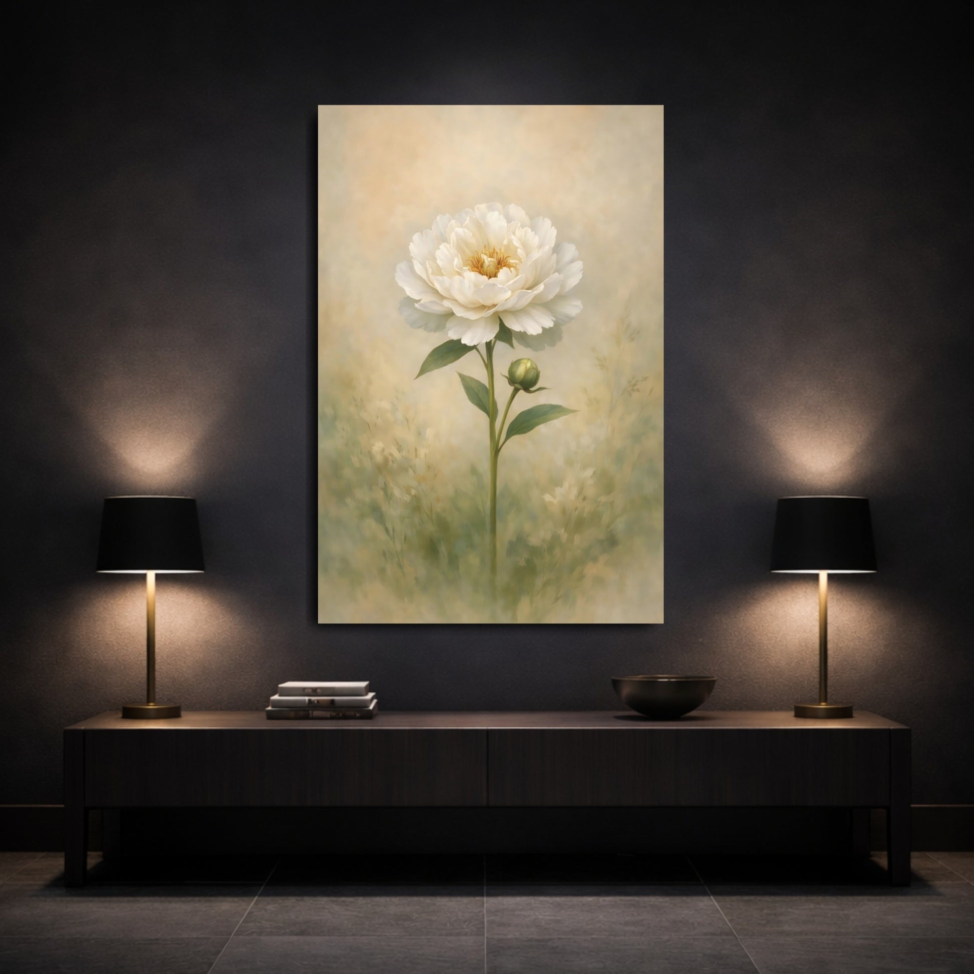 Floral White Peony White Peony shown as front canvas room wall art