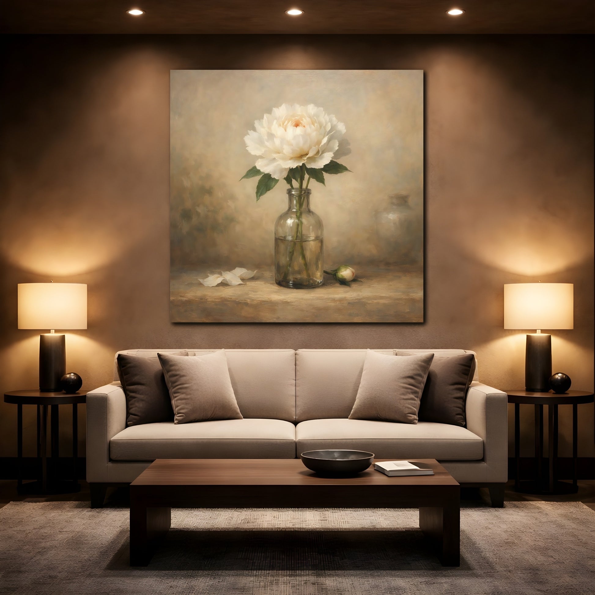Mockup 2. Floral White Peony White Peony shown as stretched canvas wall art