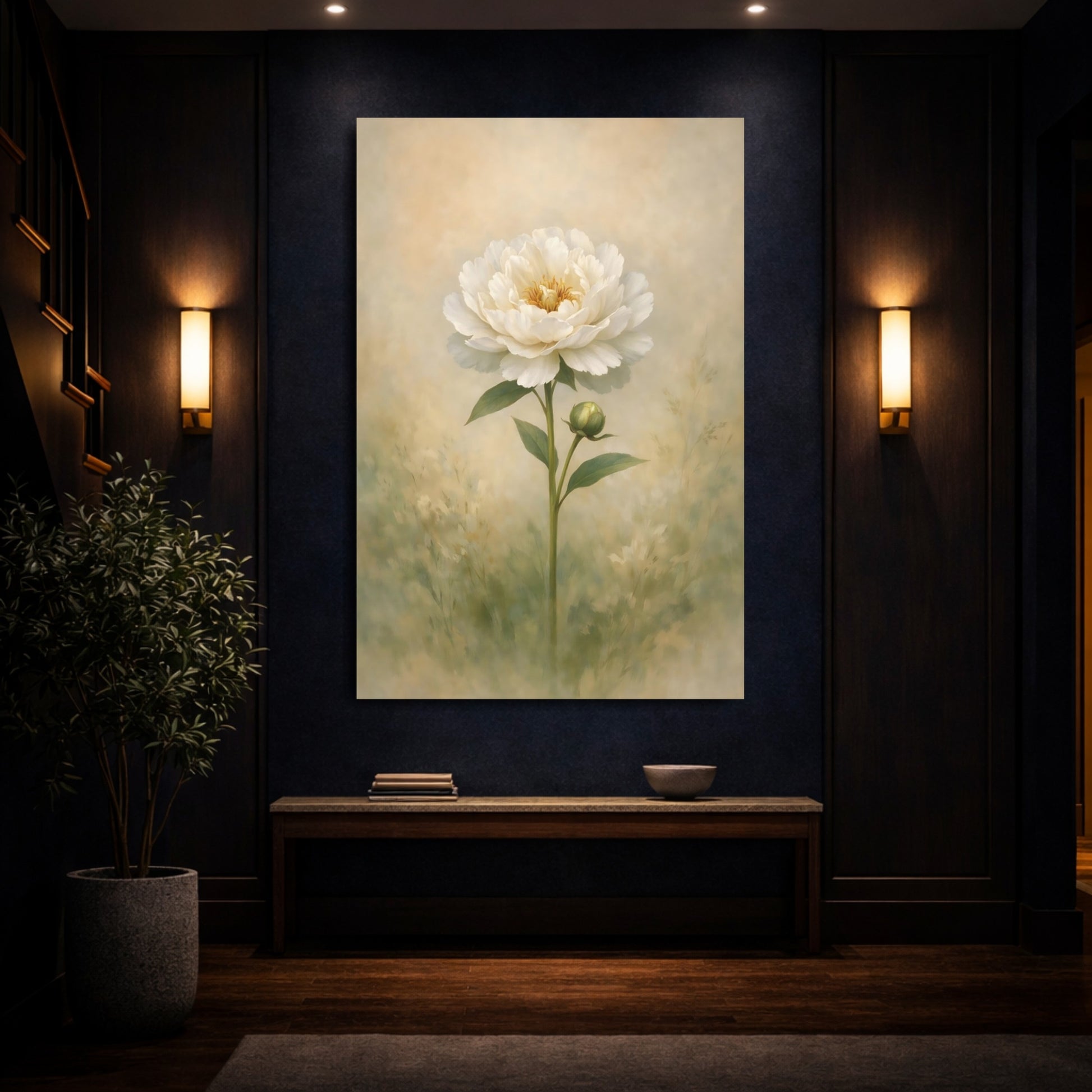 Floral White Peony White Peony shown as front canvas room wall art