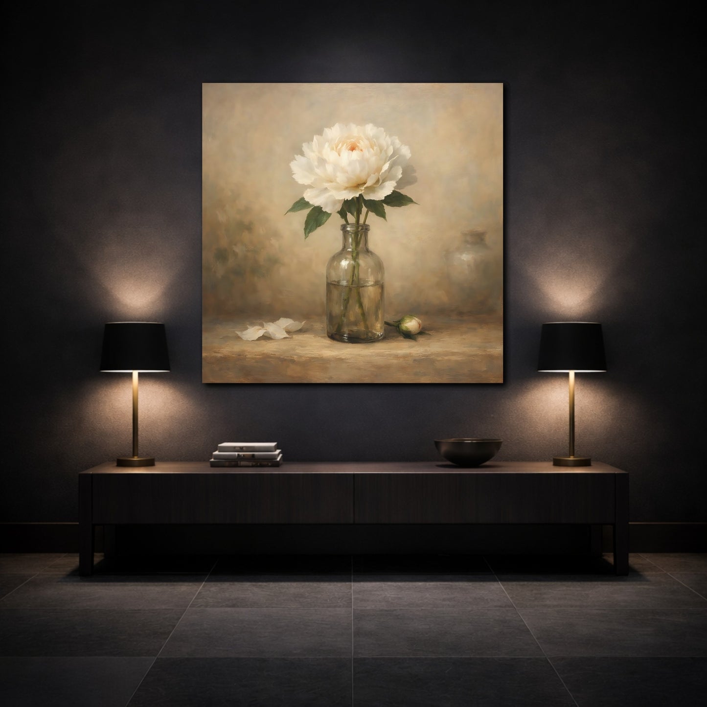 Mockup 3. Floral White Peony White Peony shown as stretched canvas wall art