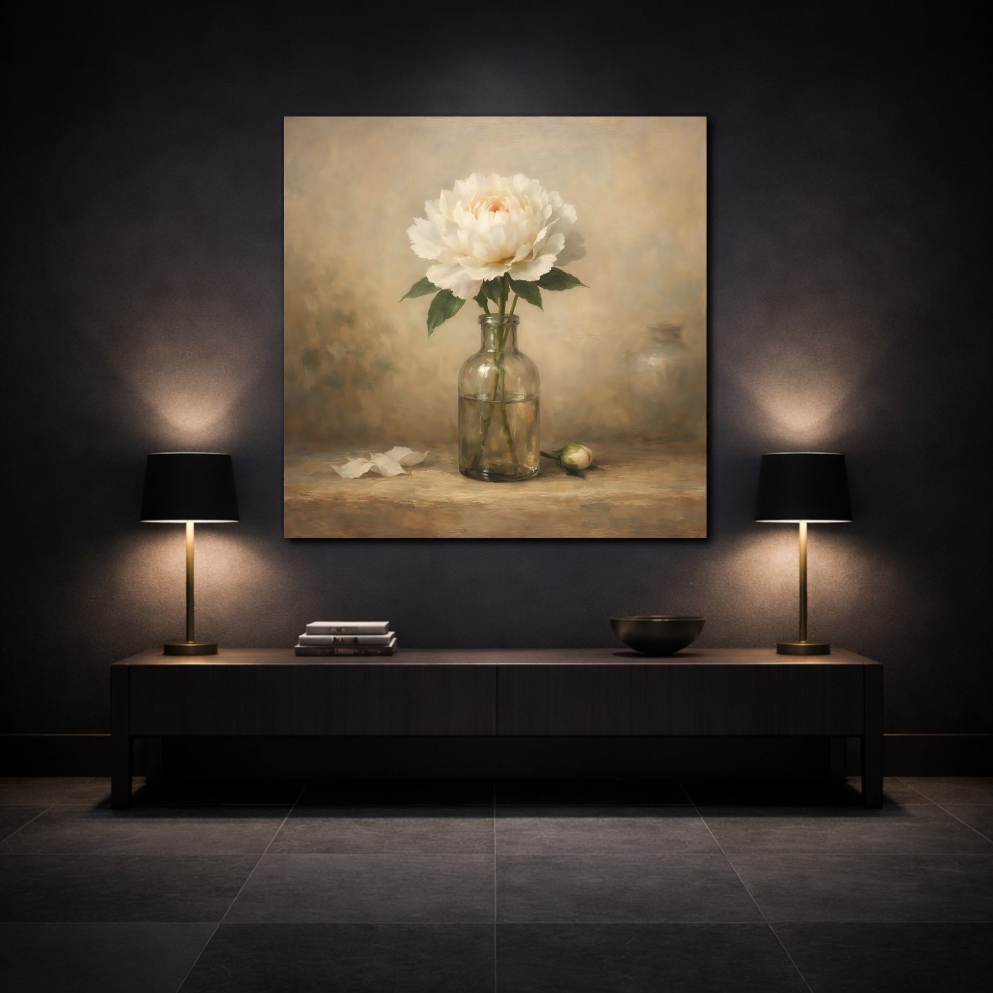 Mockup 3. Floral White Peony White Peony shown as stretched canvas wall art
