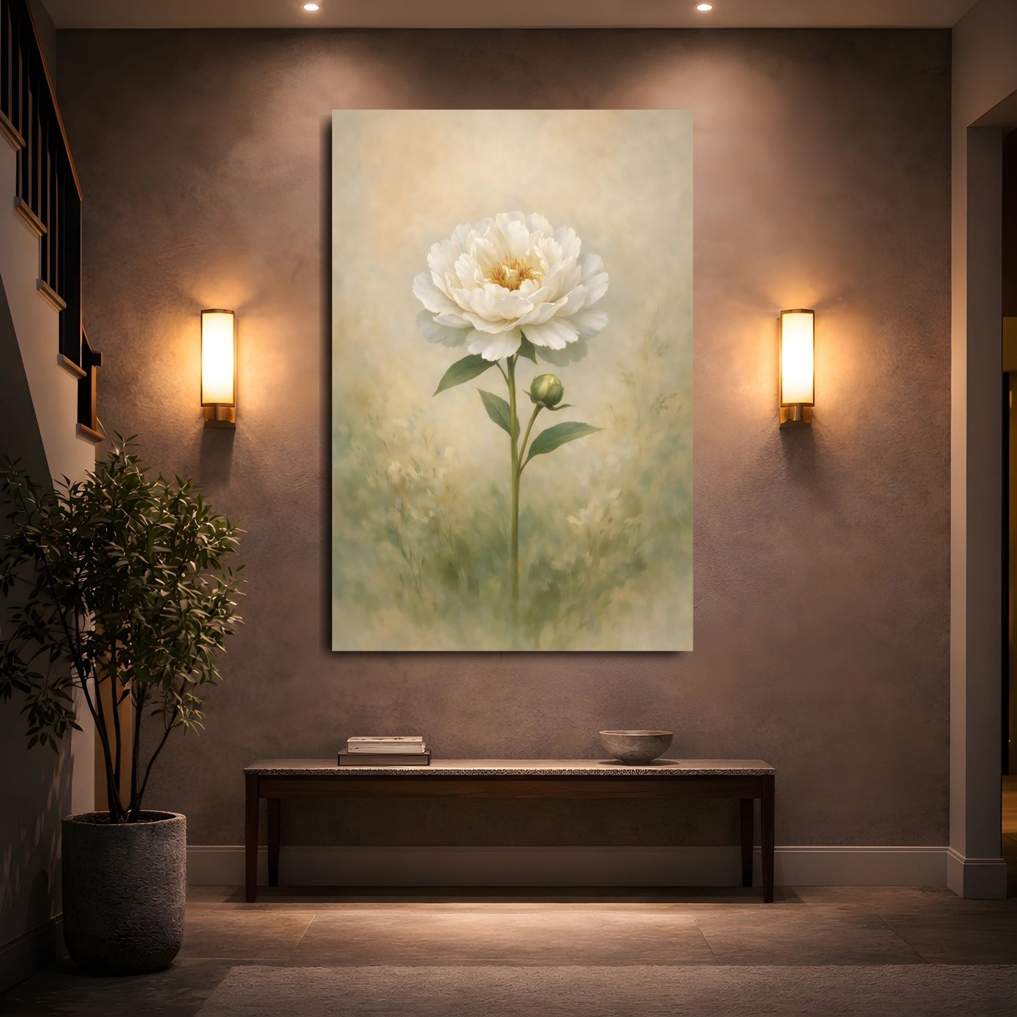 Floral White Peony White Peony shown as front canvas room wall art