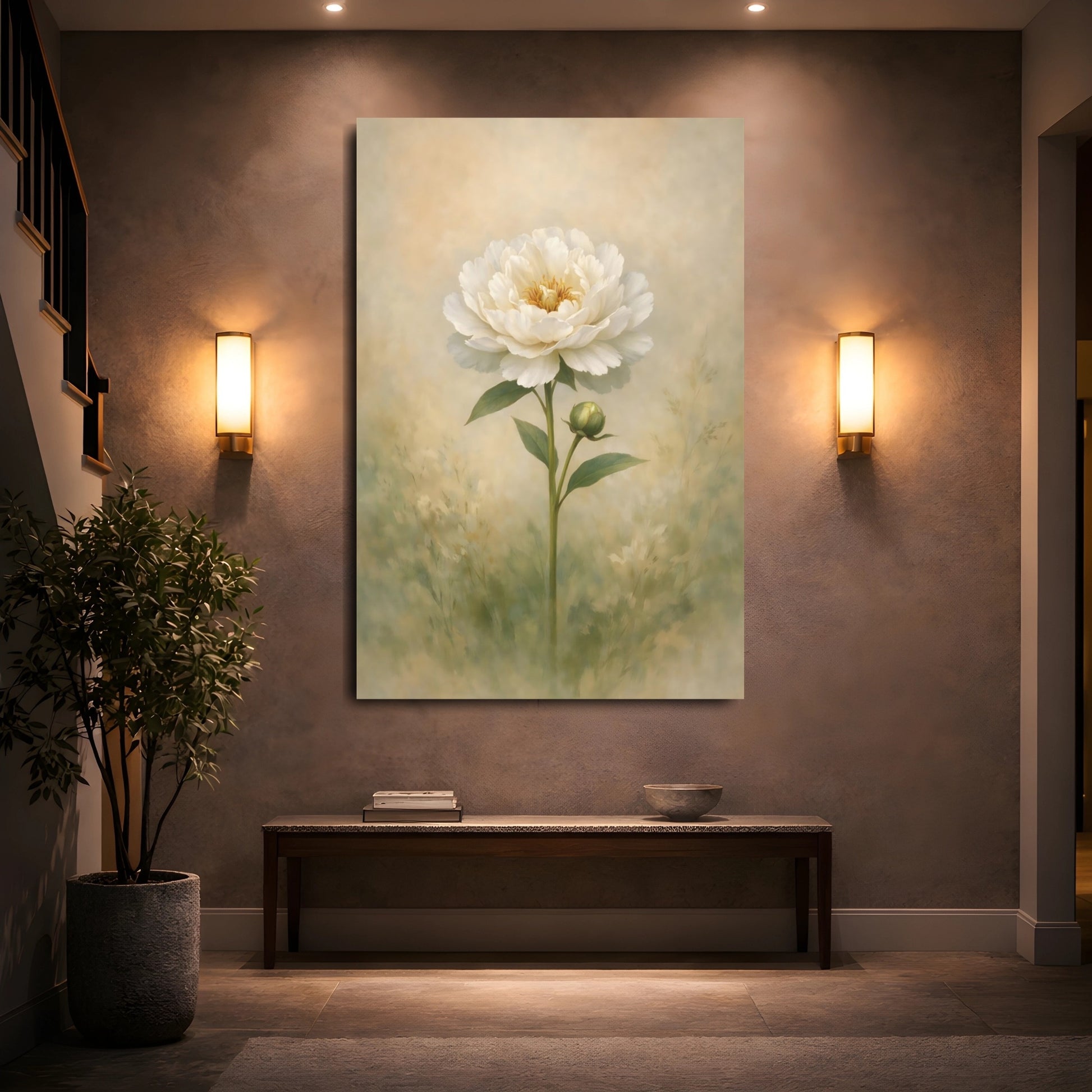 Floral White Peony White Peony shown as front canvas room wall art